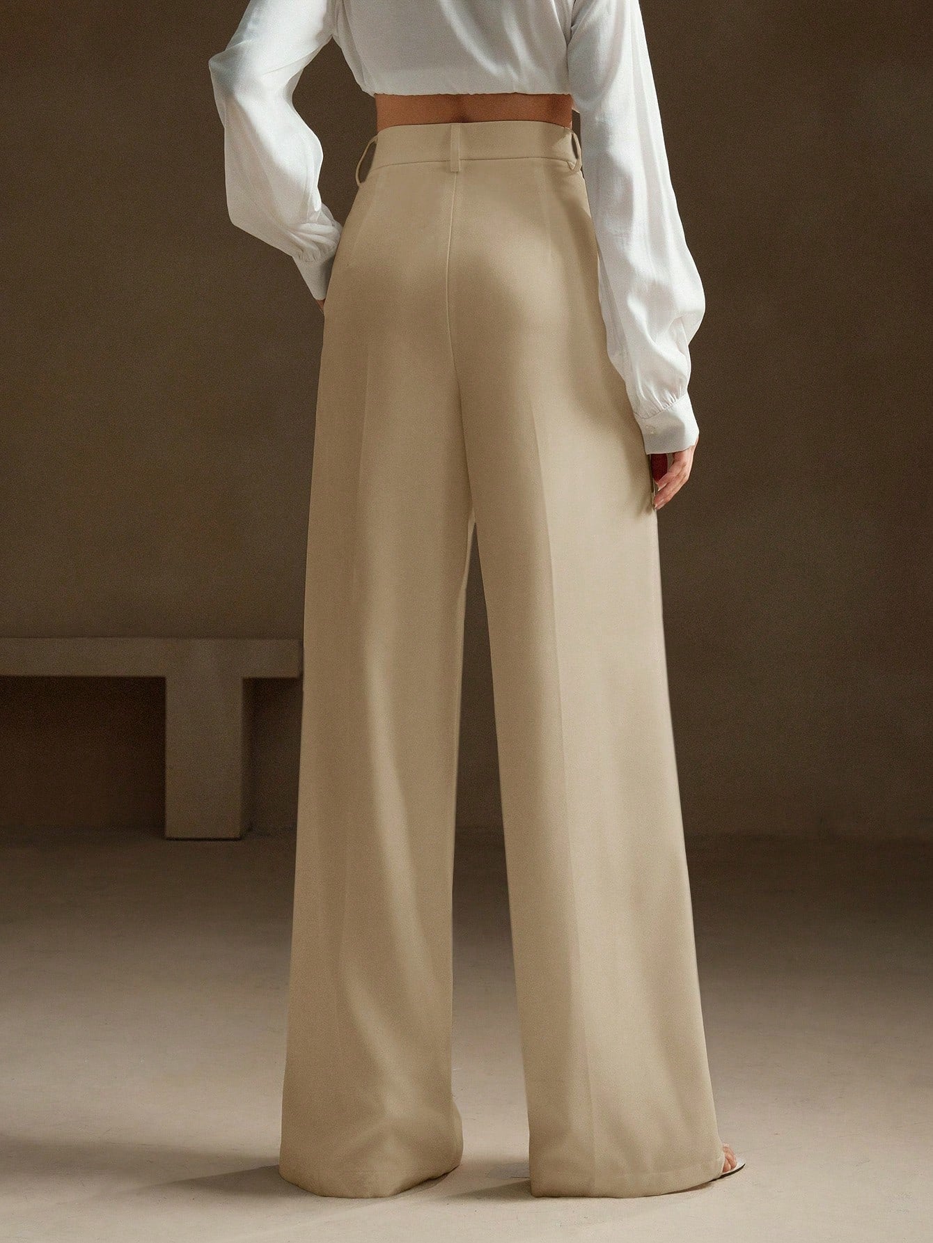 Anewsta Calça reta casual de cintura alta, cor sólida