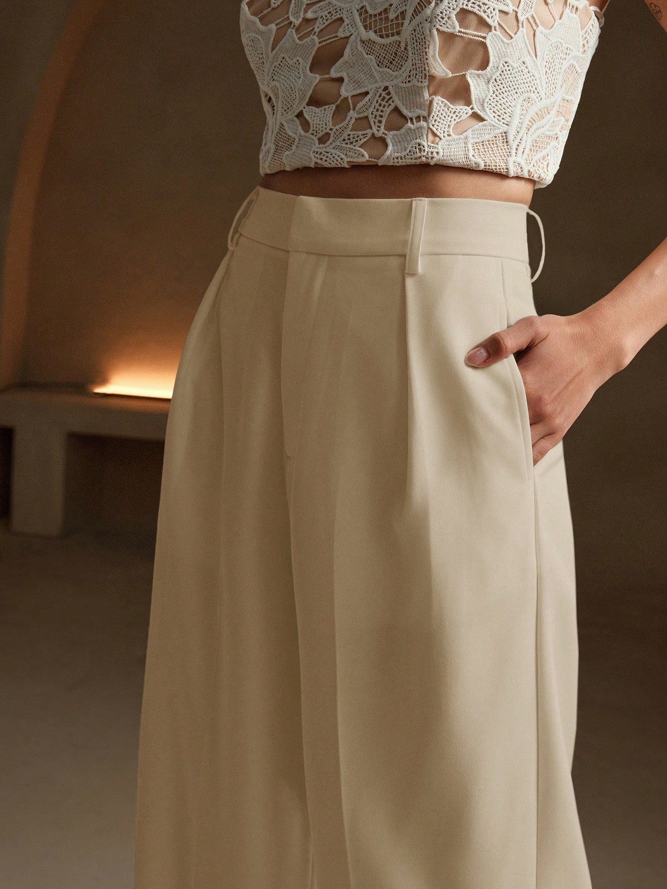 Anewsta Calça reta casual de cintura alta, cor sólida