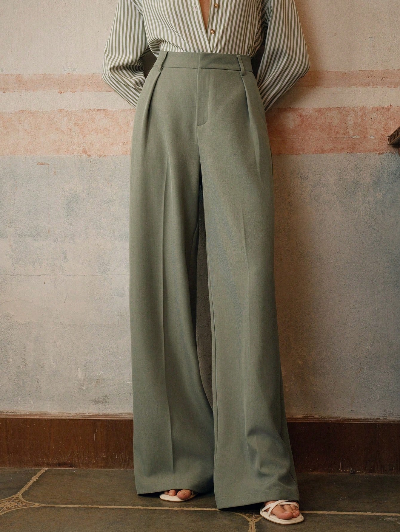 Anewsta Calça reta casual de cintura alta, cor sólida
