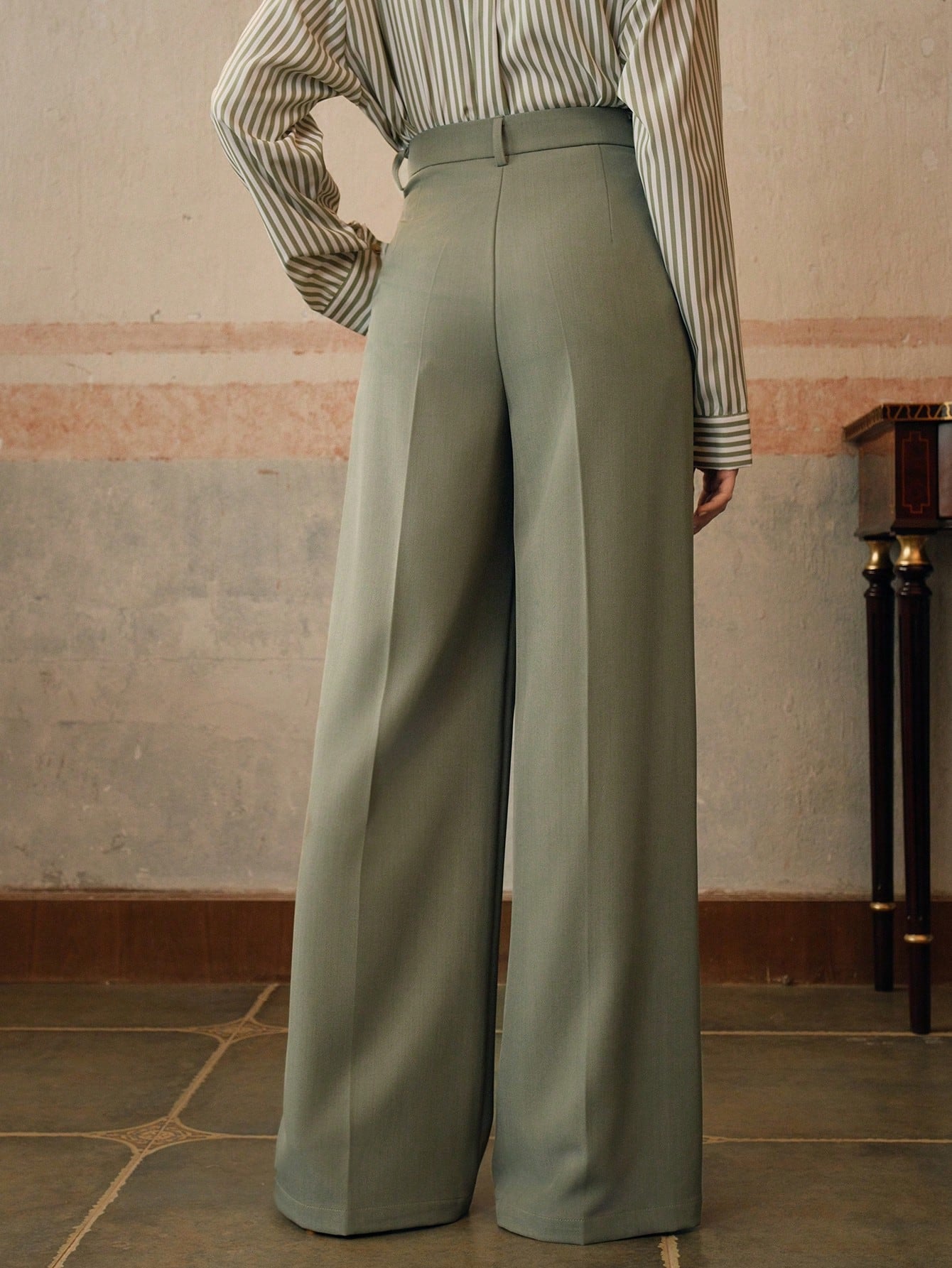 Anewsta Calça reta casual de cintura alta, cor sólida
