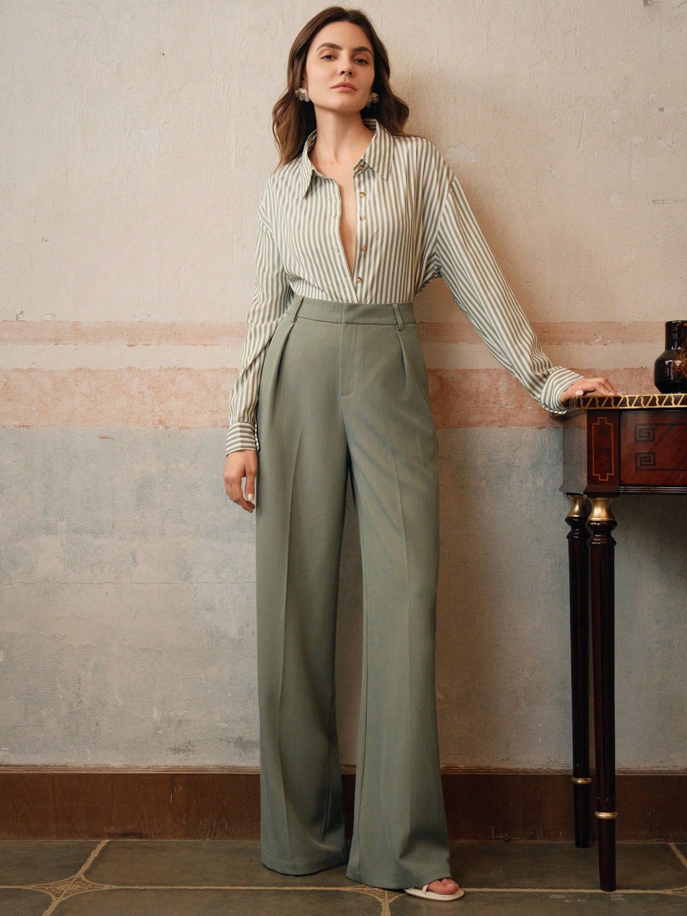 Anewsta Calça reta casual de cintura alta, cor sólida