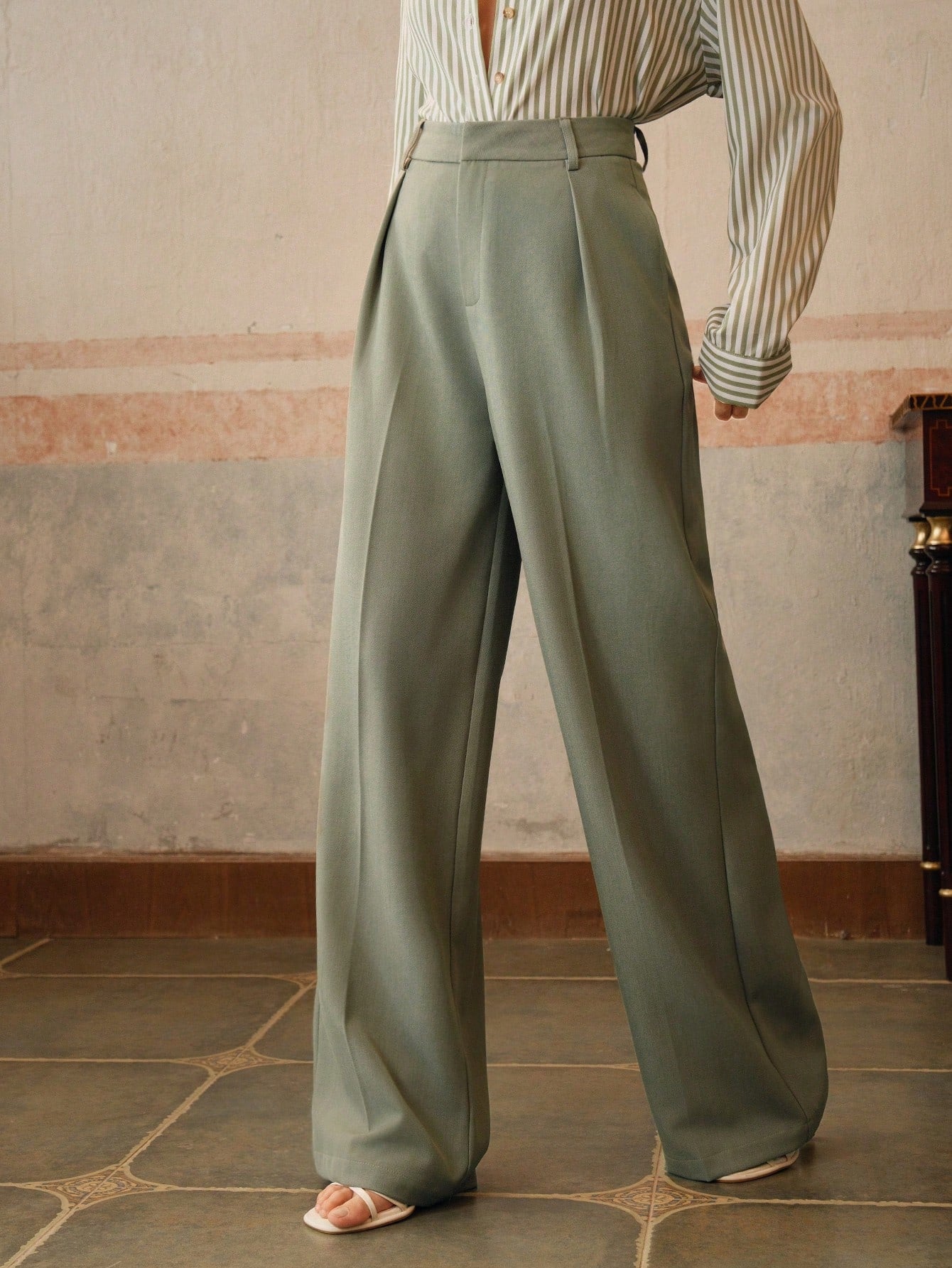 Anewsta Calça reta casual de cintura alta, cor sólida