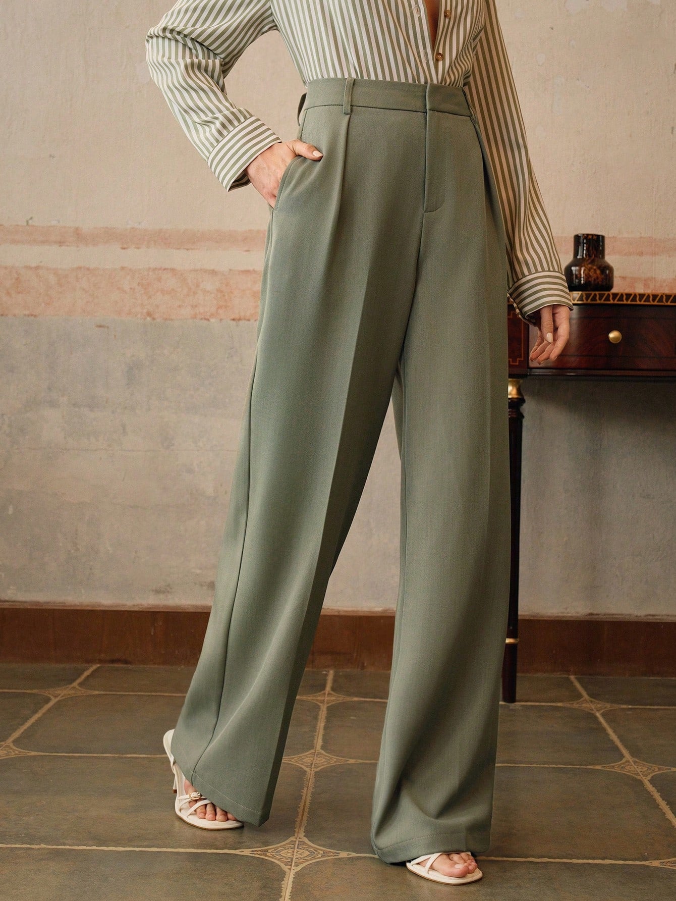 Anewsta Calça reta casual de cintura alta, cor sólida