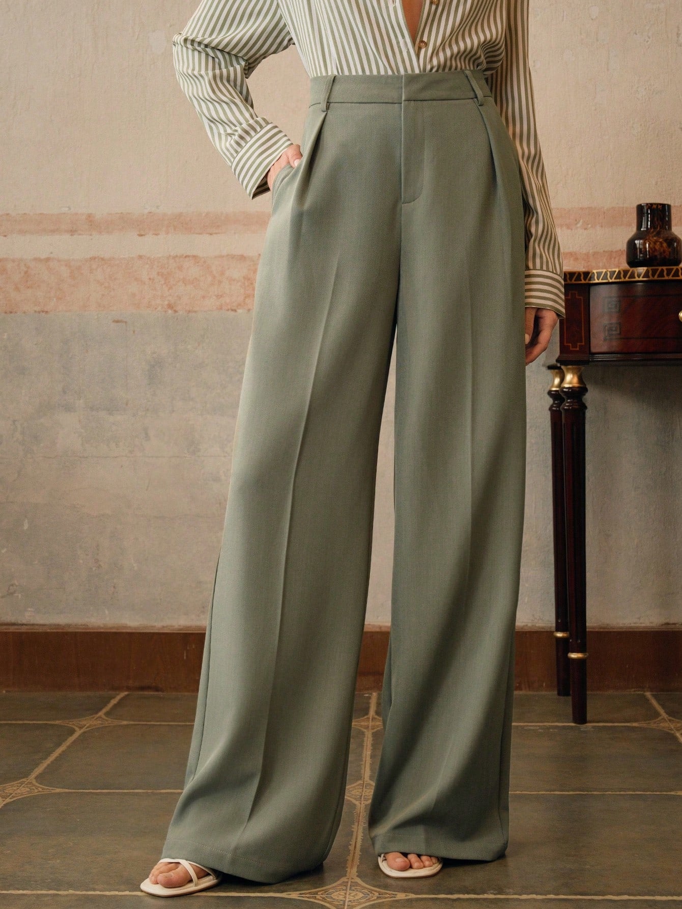Anewsta Calça reta casual de cintura alta, cor sólida