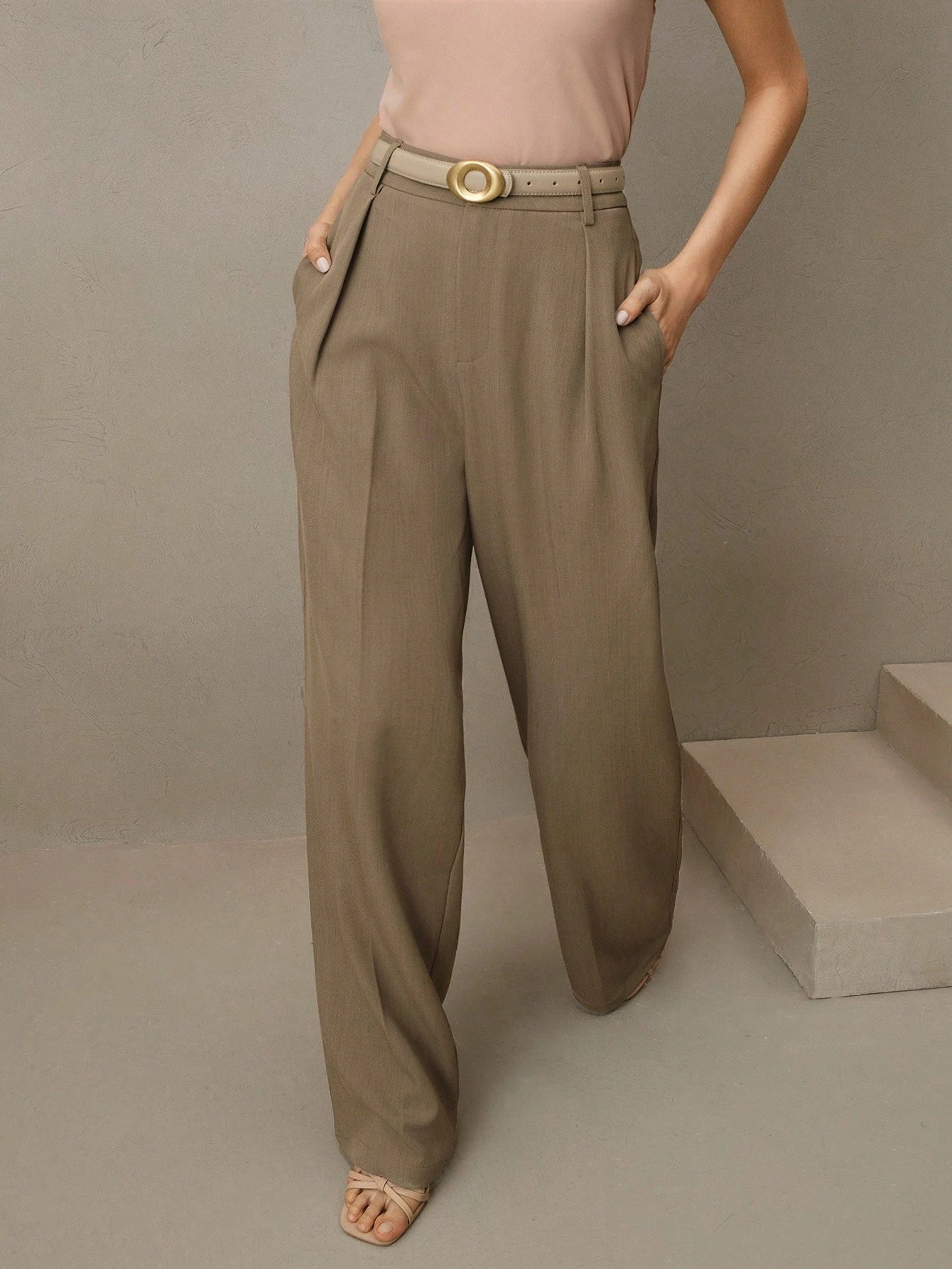 Anewsta Calça reta casual de cintura alta, cor sólida