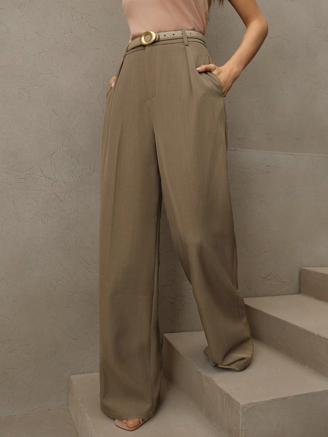 Anewsta Calça reta casual de cintura alta, cor sólida