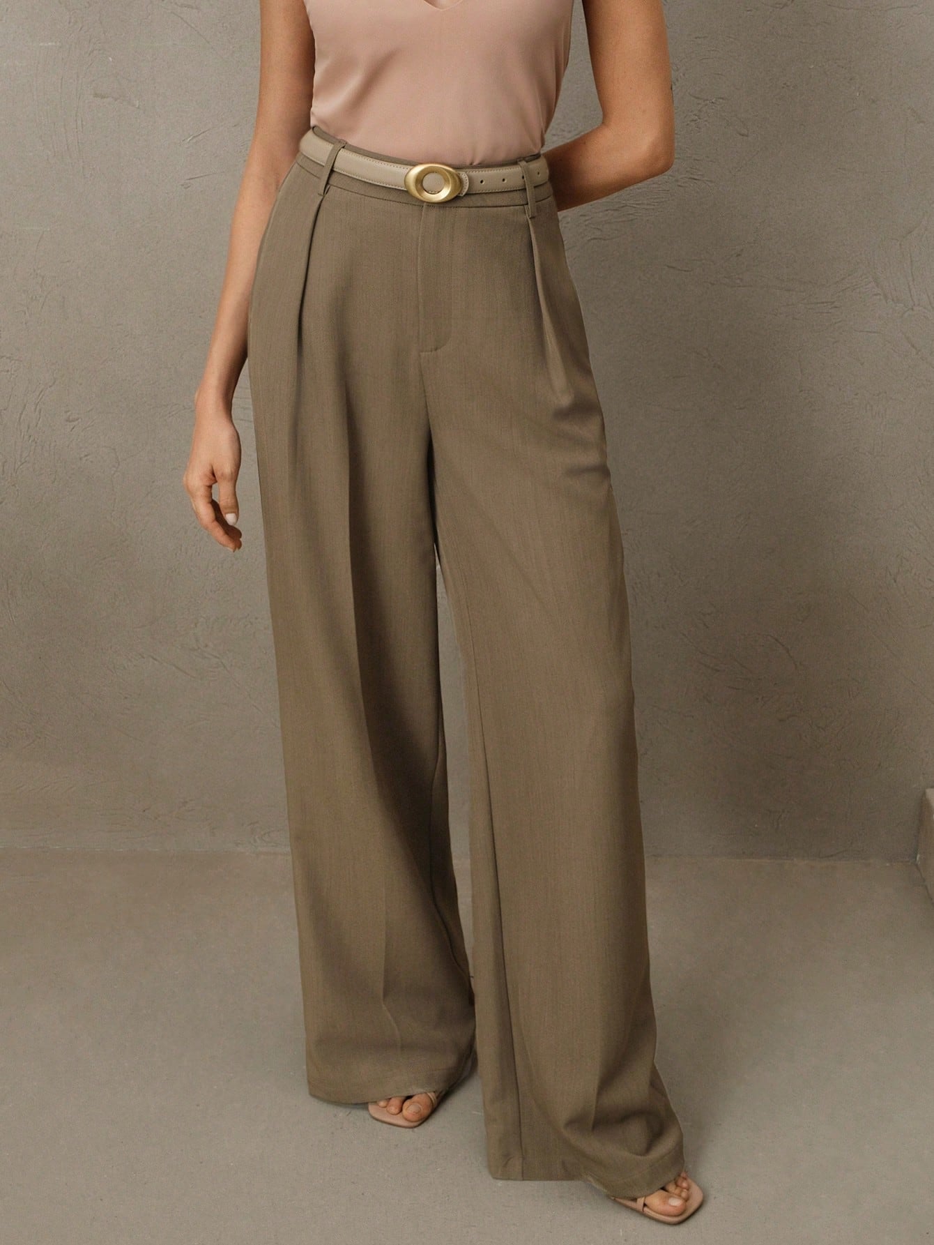 Anewsta Calça reta casual de cintura alta, cor sólida