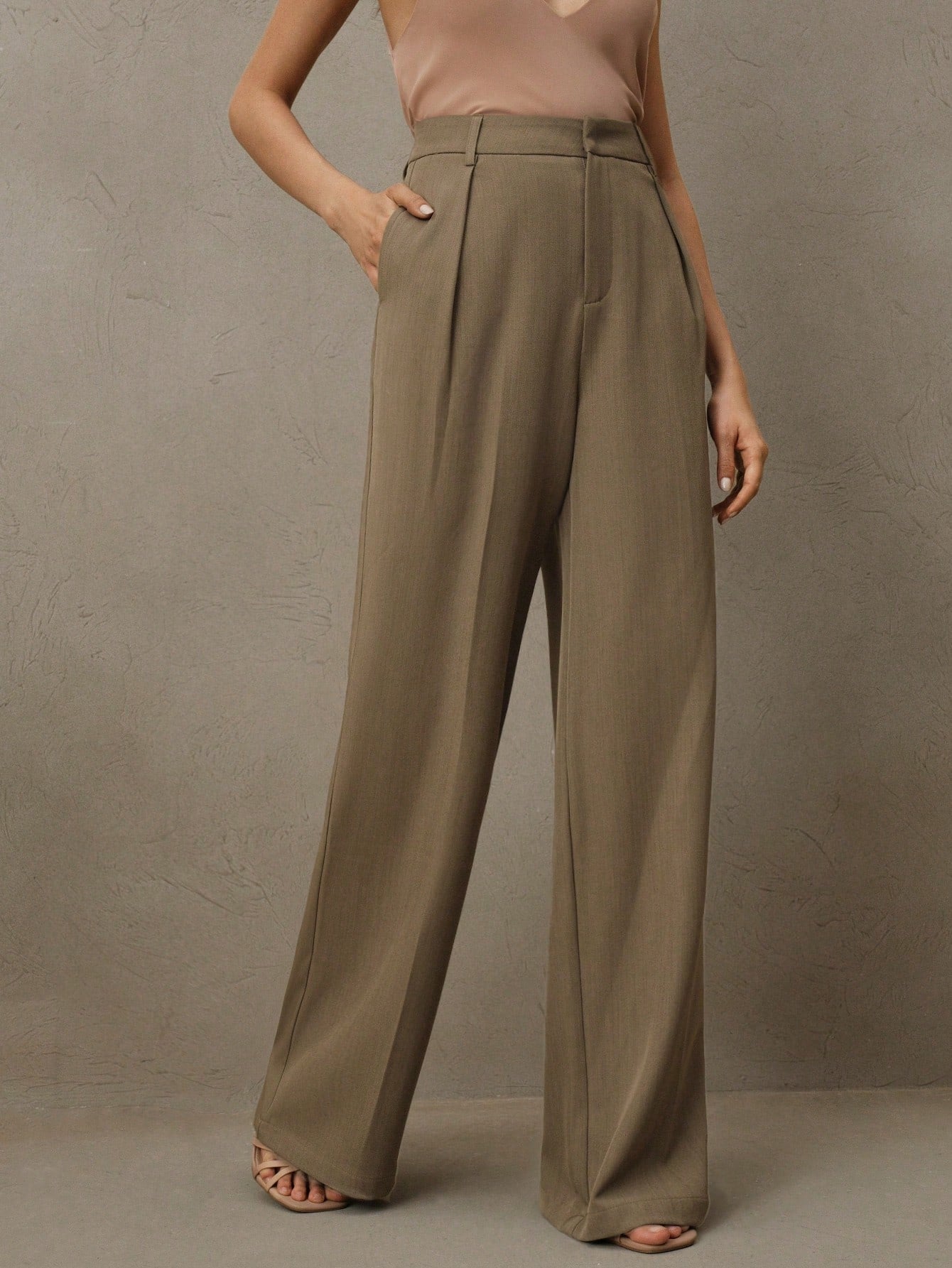 Anewsta Calça reta casual de cintura alta, cor sólida