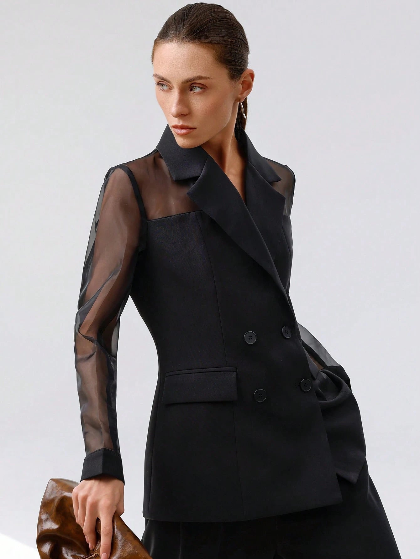 Aveloria Modichic Blazer Dupla-Amarração Respirável de Tecido Splice de Organza para Negócios e Transporte Versátil e Elegante de Alta Classe para Mulheres