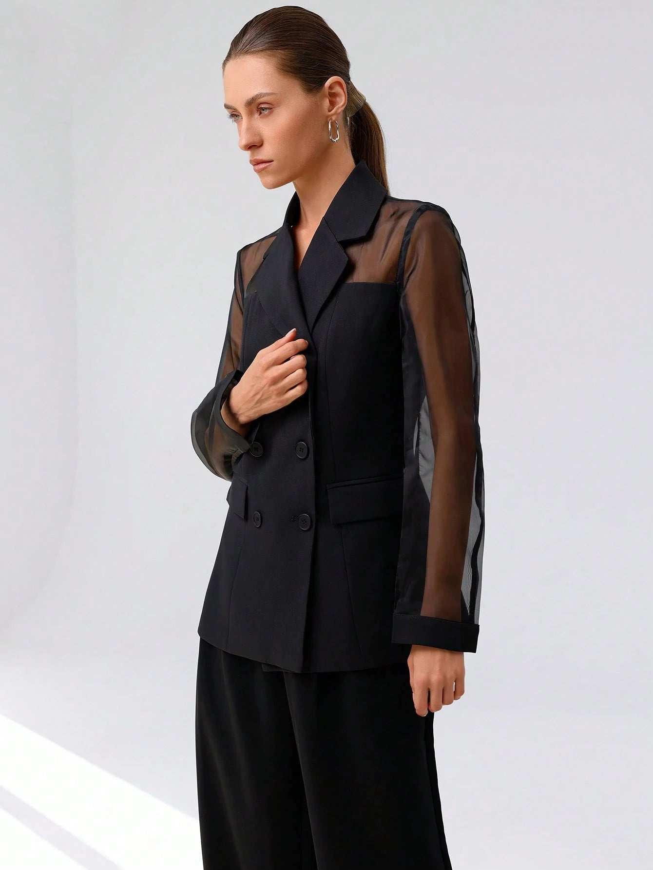 Aveloria Modichic Blazer Dupla-Amarração Respirável de Tecido Splice de Organza para Negócios e Transporte Versátil e Elegante de Alta Classe para Mulheres