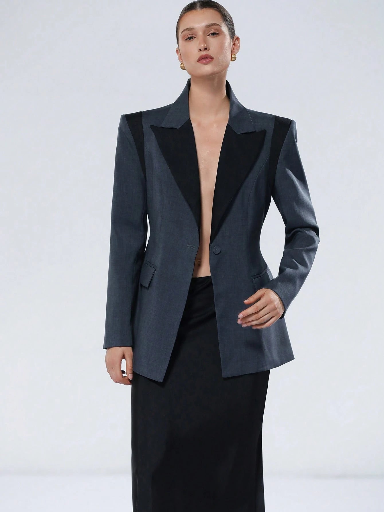 Aveloria Modichic Jaqueta de Terno Feminino Casual de Escritório em Estilo Clássico Azul e Preto, Design Chique com Lapela, Decote em V, Ajuste na Cintura, Slim, Ombreiras, Fechamento com Botão Único, Manga Longa