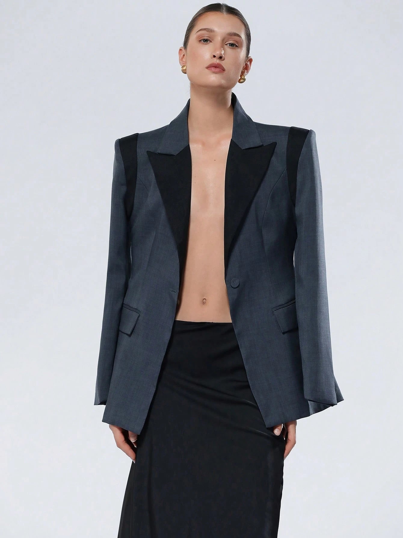 Aveloria Modichic Jaqueta de Terno Feminino Casual de Escritório em Estilo Clássico Azul e Preto, Design Chique com Lapela, Decote em V, Ajuste na Cintura, Slim, Ombreiras, Fechamento com Botão Único, Manga Longa