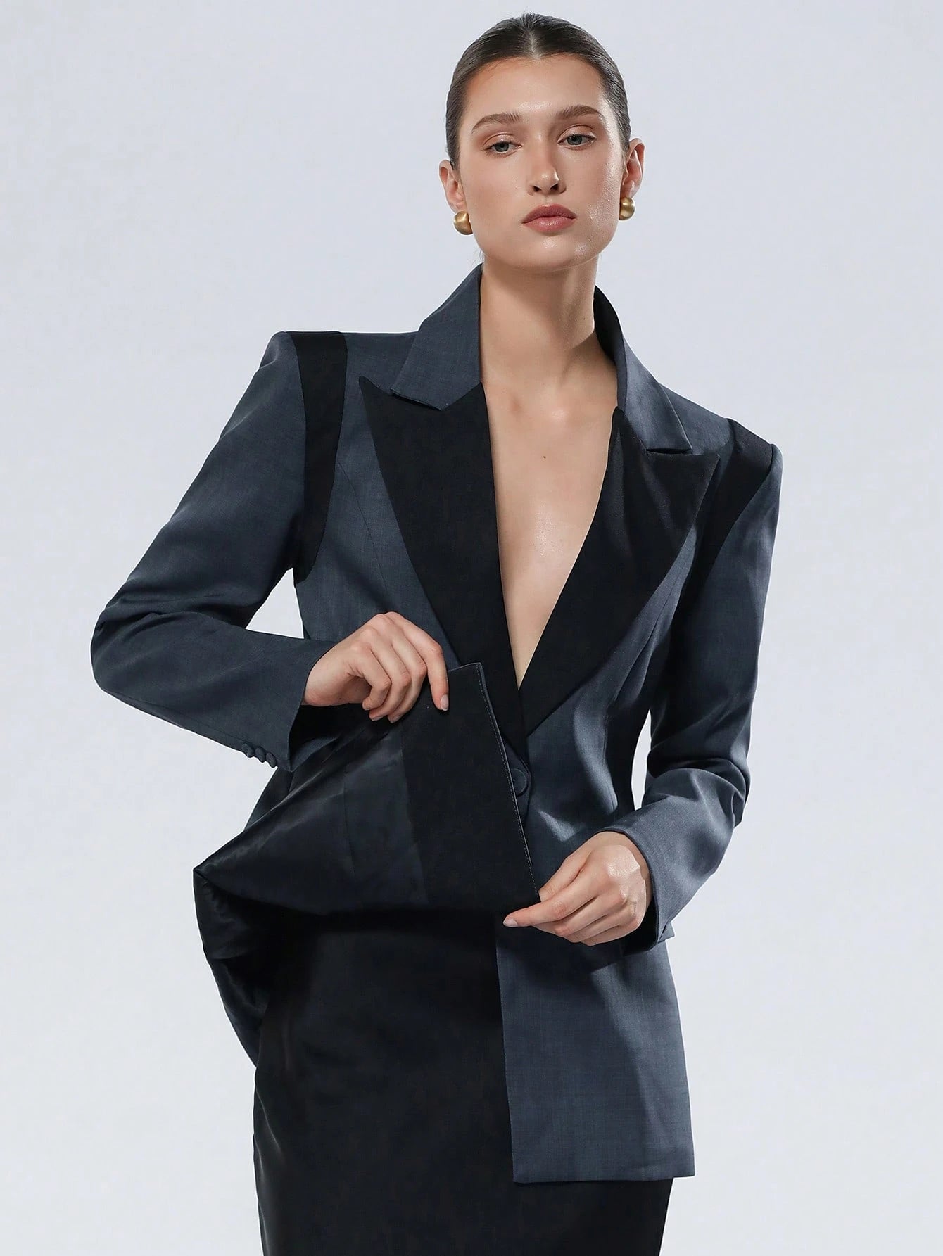 Aveloria Modichic Jaqueta de Terno Feminino Casual de Escritório em Estilo Clássico Azul e Preto, Design Chique com Lapela, Decote em V, Ajuste na Cintura, Slim, Ombreiras, Fechamento com Botão Único, Manga Longa
