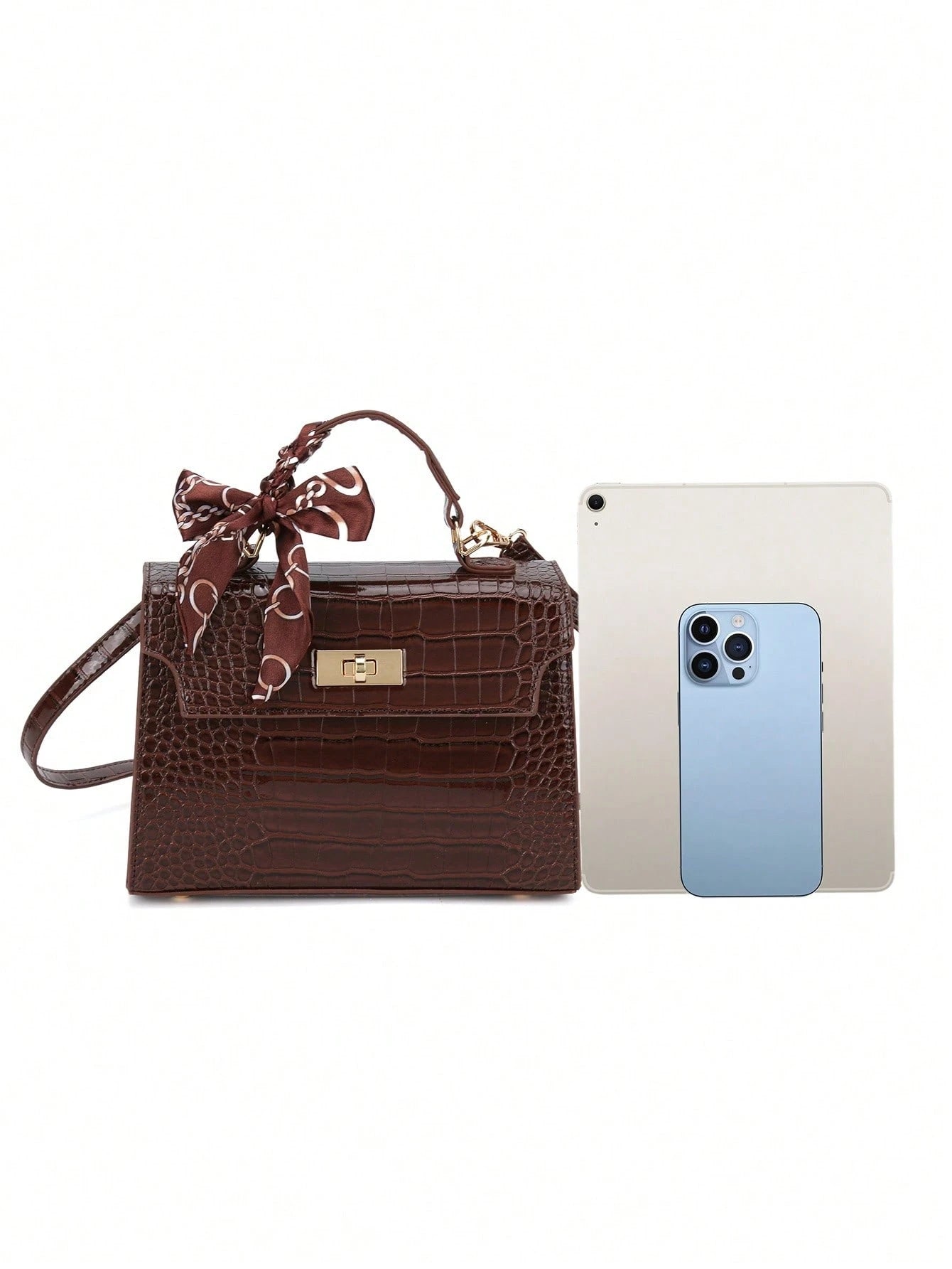 Nova Bolsa Feminina Padrão Crocodilo Brilhante, Grande Capacidade, Moda e Elegante, Acompanha Lenço Estiloso, Pode Ser Usada Como Bolsa de Ombro, Preta