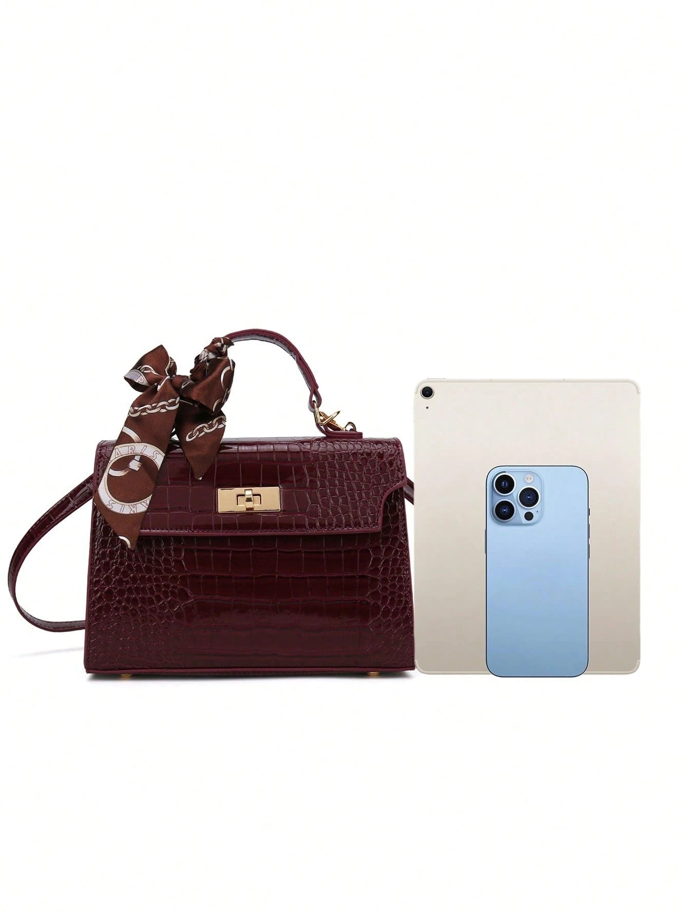 Nova Bolsa Feminina Padrão Crocodilo Brilhante, Grande Capacidade, Moda e Elegante, Acompanha Lenço Estiloso, Pode Ser Usada Como Bolsa de Ombro, Preta