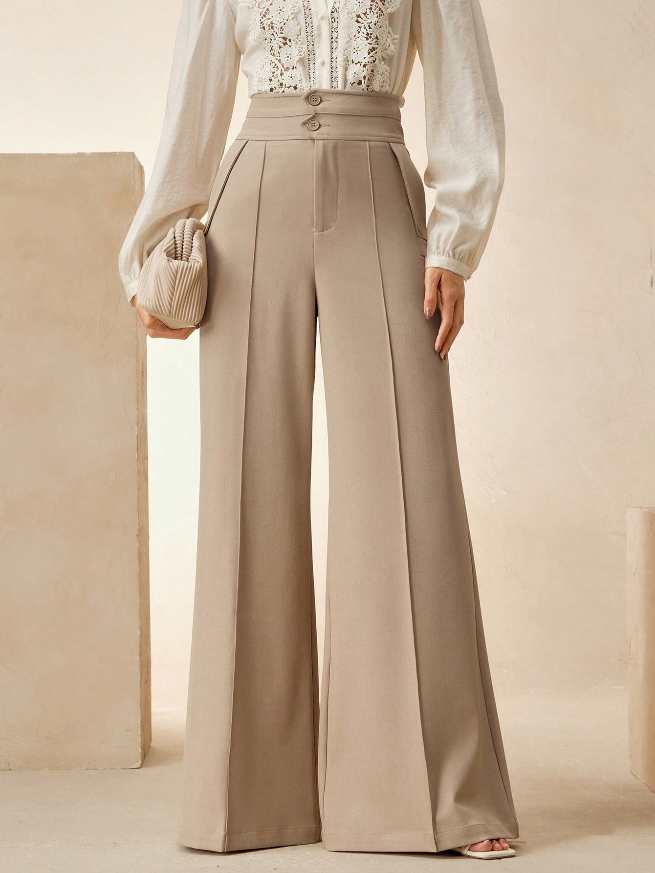 Anewsta Calças Elegantes de Cintura Alta e Flare para Mulher com Abotoamento Duplo, Adequado para Outfit de Ano Novo