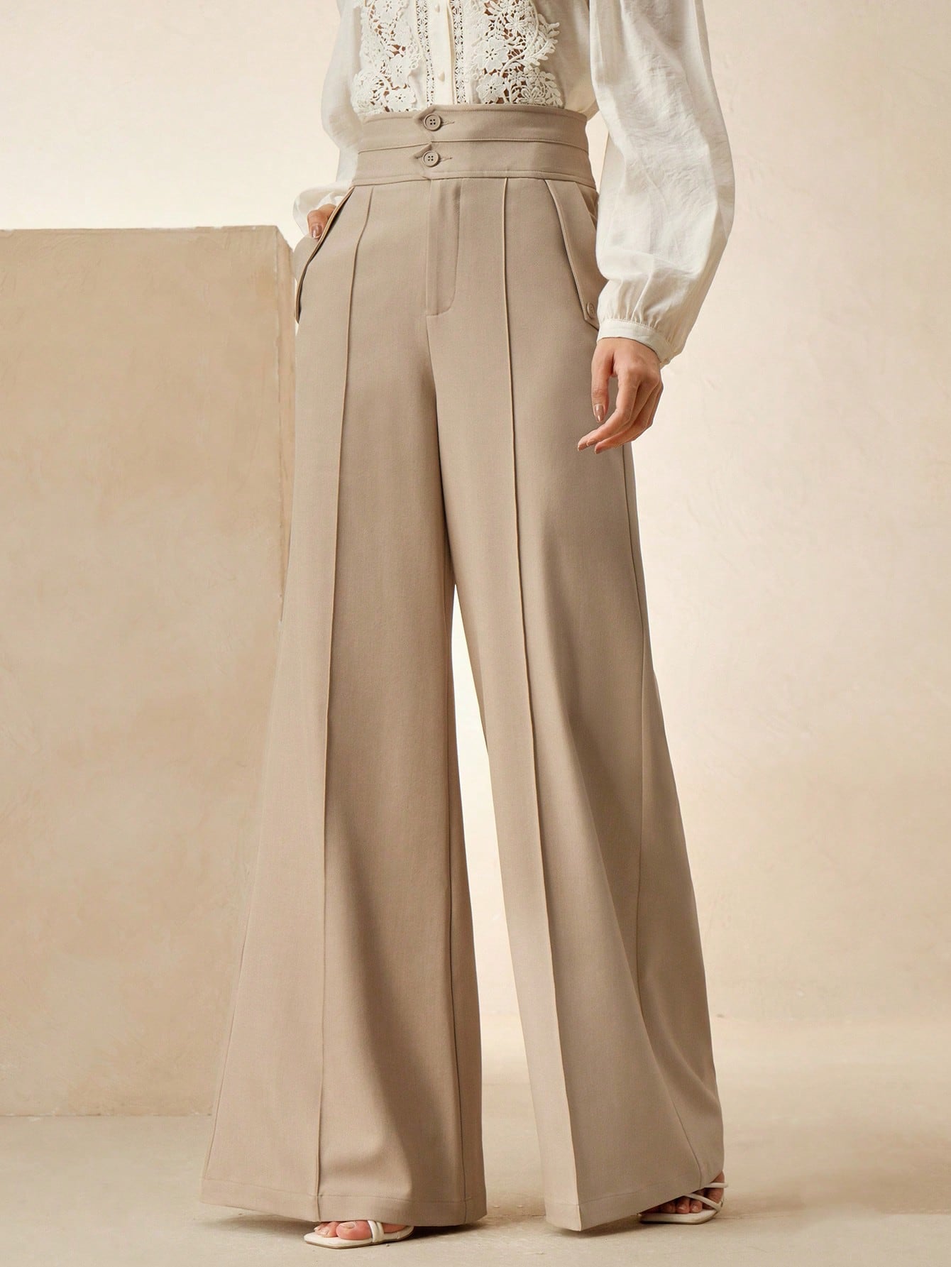 Anewsta Calças Elegantes de Cintura Alta e Flare para Mulher com Abotoamento Duplo, Adequado para Outfit de Ano Novo
