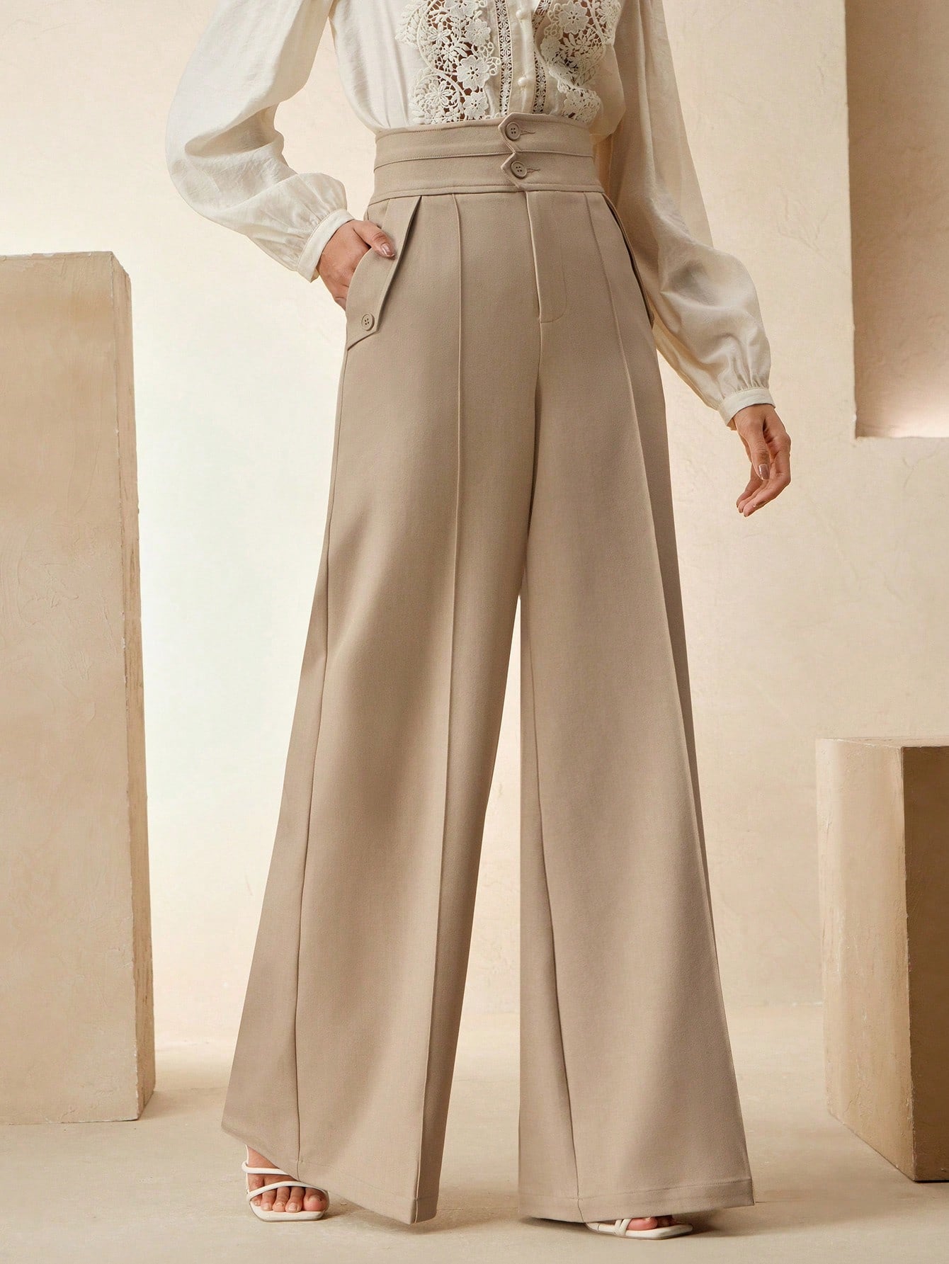 Anewsta Calças Elegantes de Cintura Alta e Flare para Mulher com Abotoamento Duplo, Adequado para Outfit de Ano Novo