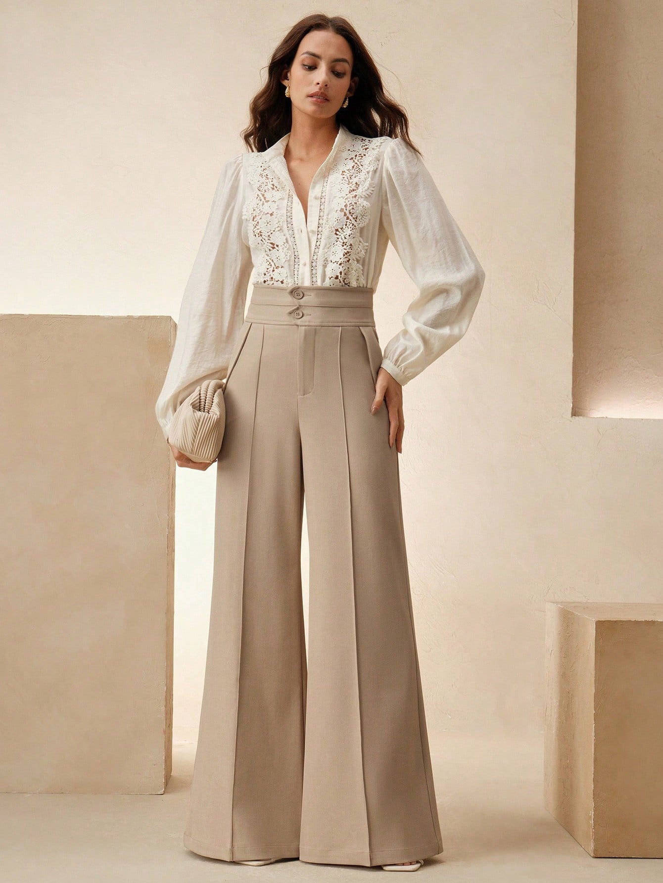 Anewsta Calças Elegantes de Cintura Alta e Flare para Mulher com Abotoamento Duplo, Adequado para Outfit de Ano Novo