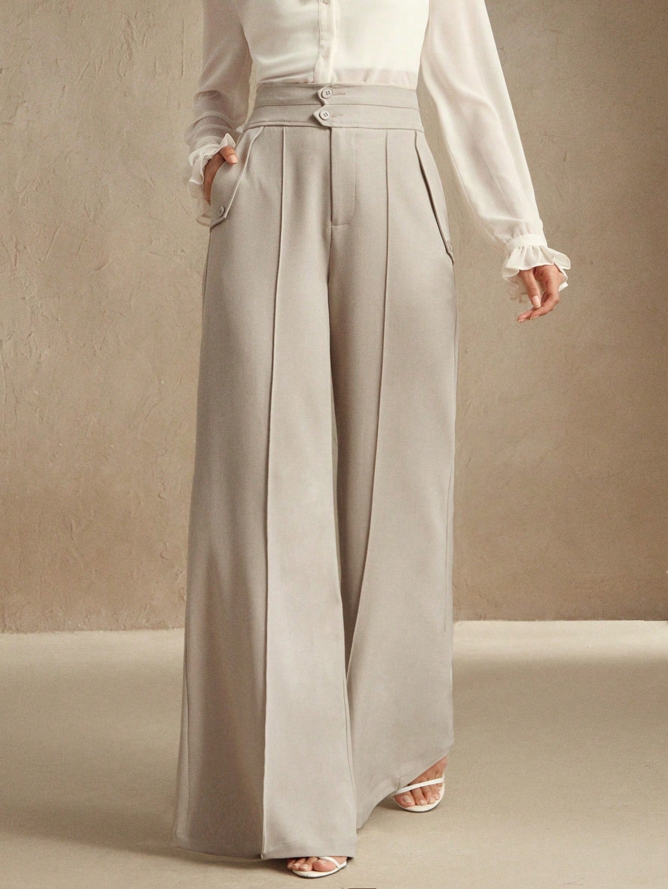 Anewsta Calças Elegantes de Cintura Alta e Flare para Mulher com Abotoamento Duplo, Adequado para Outfit de Ano Novo