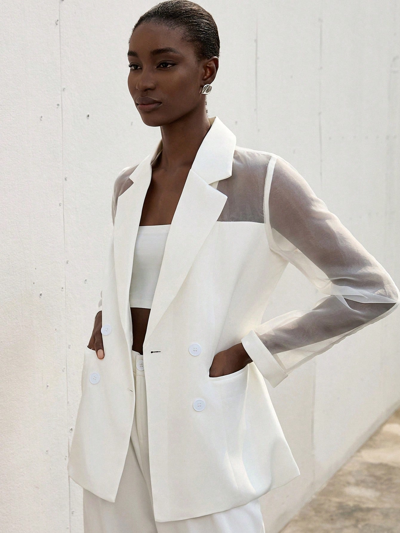 Aveloria Modichic Blazer Dupla-Amarração Respirável de Tecido Splice de Organza para Negócios e Transporte Versátil e Elegante de Alta Classe para Mulheres