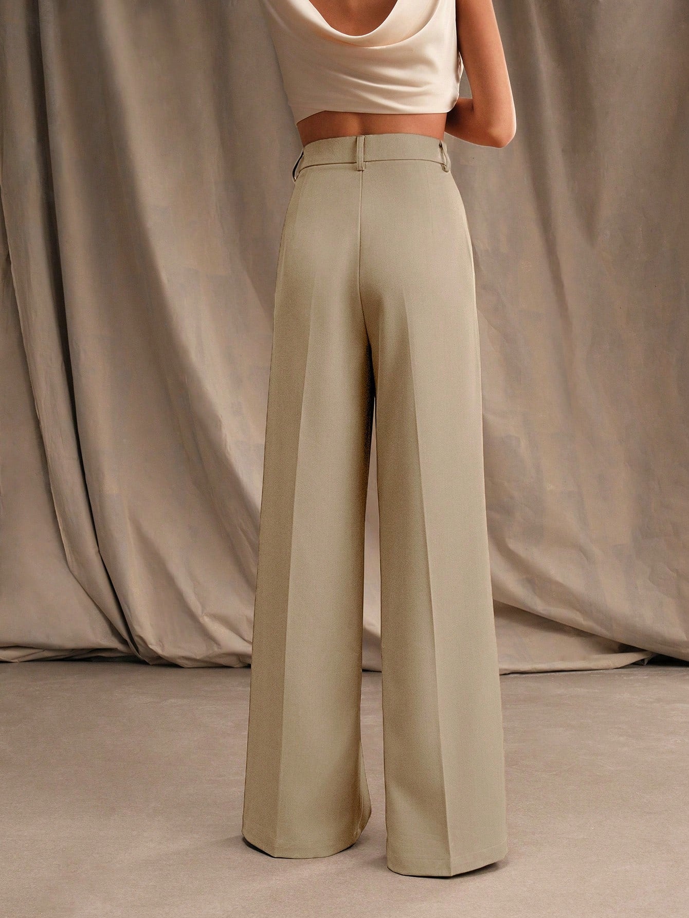 Anewsta Calça reta casual de cintura alta, cor sólida