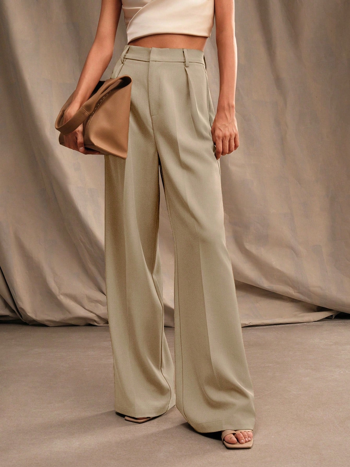 Anewsta Calça reta casual de cintura alta, cor sólida