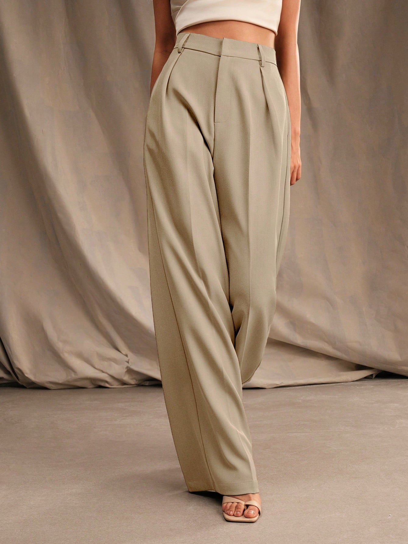 Anewsta Calça reta casual de cintura alta, cor sólida