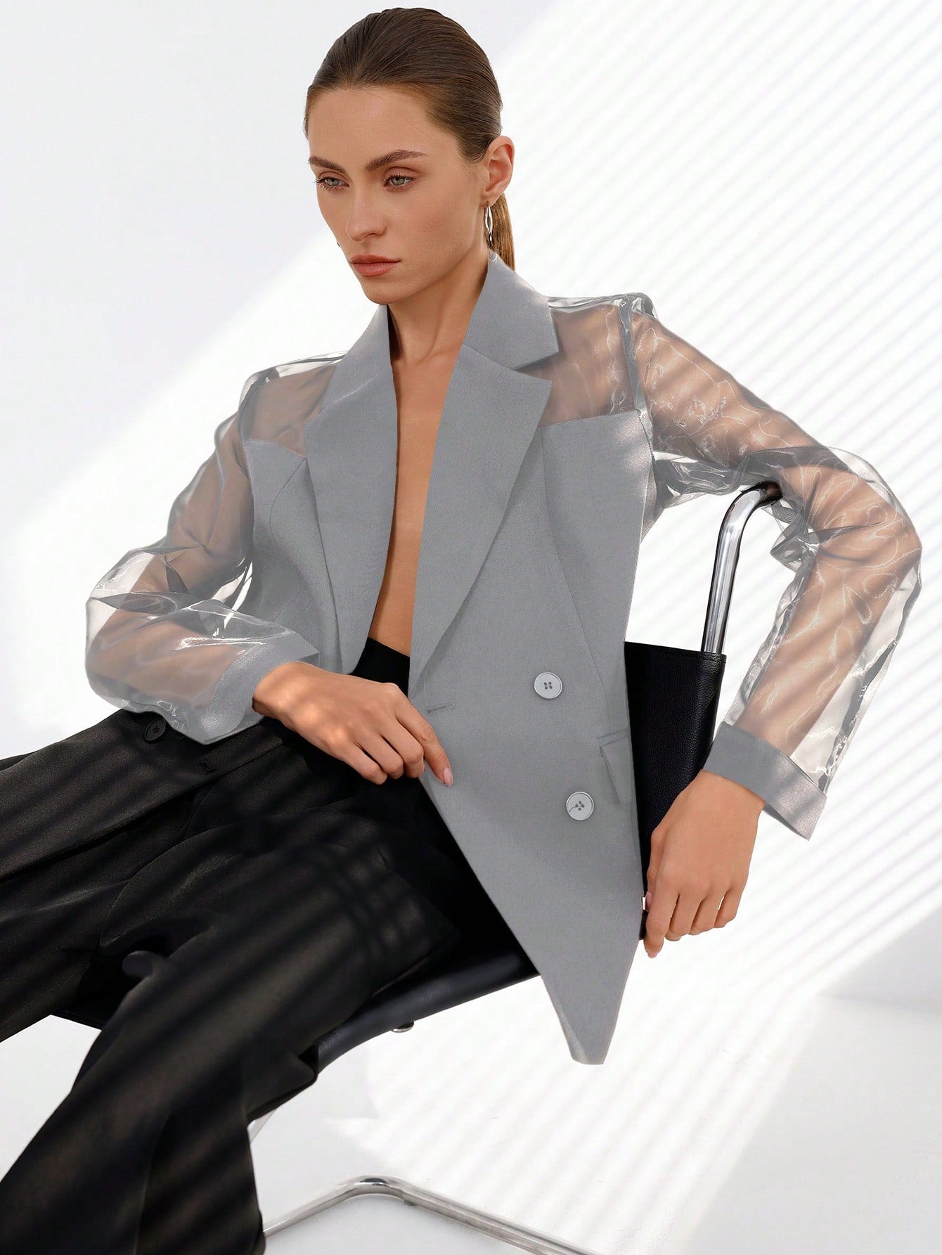 Aveloria Modichic Blazer Dupla-Amarração Respirável de Tecido Splice de Organza para Negócios e Transporte Versátil e Elegante de Alta Classe para Mulheres