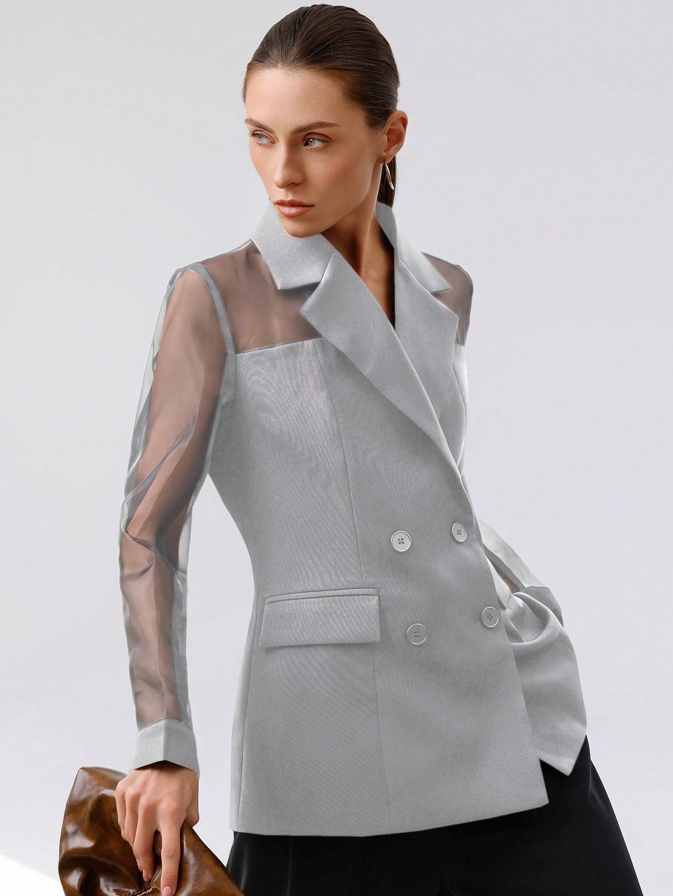 Aveloria Modichic Blazer Dupla-Amarração Respirável de Tecido Splice de Organza para Negócios e Transporte Versátil e Elegante de Alta Classe para Mulheres