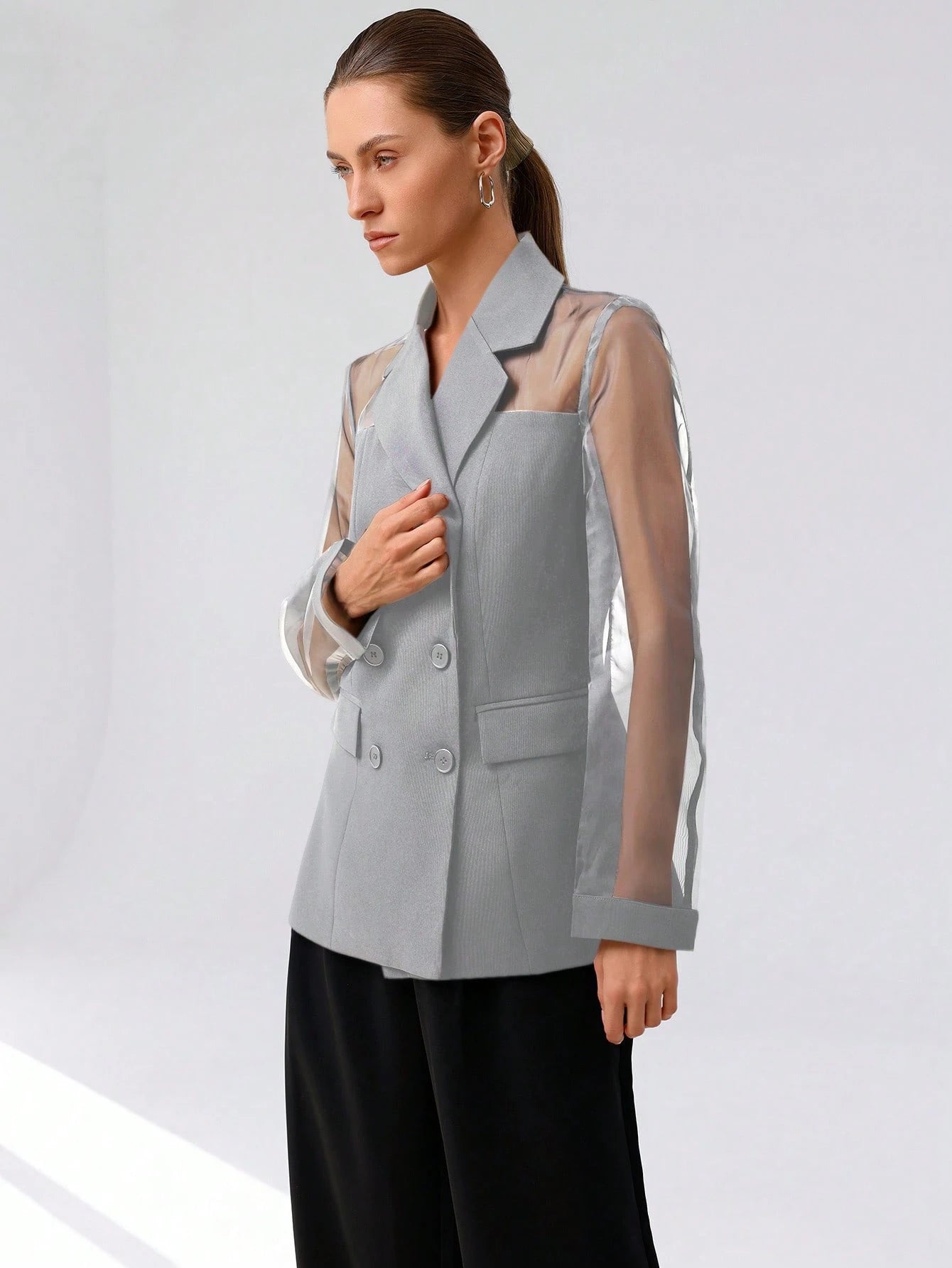 Aveloria Modichic Blazer Dupla-Amarração Respirável de Tecido Splice de Organza para Negócios e Transporte Versátil e Elegante de Alta Classe para Mulheres
