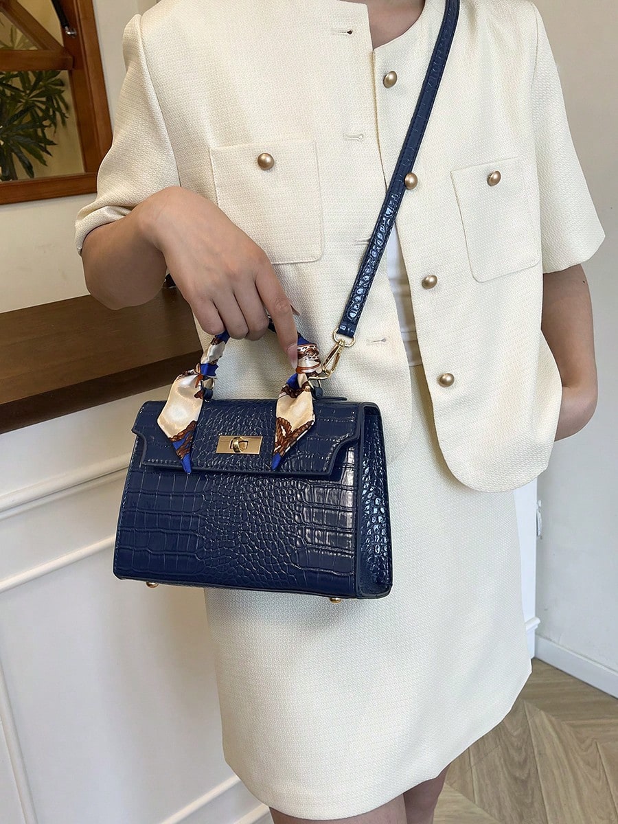 Nova Bolsa Feminina Padrão Crocodilo Brilhante, Grande Capacidade, Moda e Elegante, Acompanha Lenço Estiloso, Pode Ser Usada Como Bolsa de Ombro, Preta