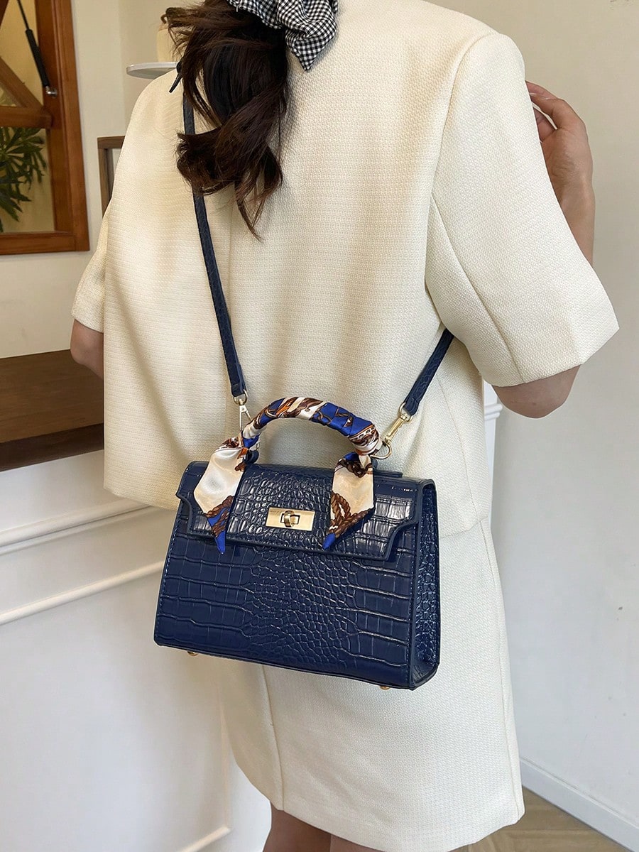 Nova Bolsa Feminina Padrão Crocodilo Brilhante, Grande Capacidade, Moda e Elegante, Acompanha Lenço Estiloso, Pode Ser Usada Como Bolsa de Ombro, Preta