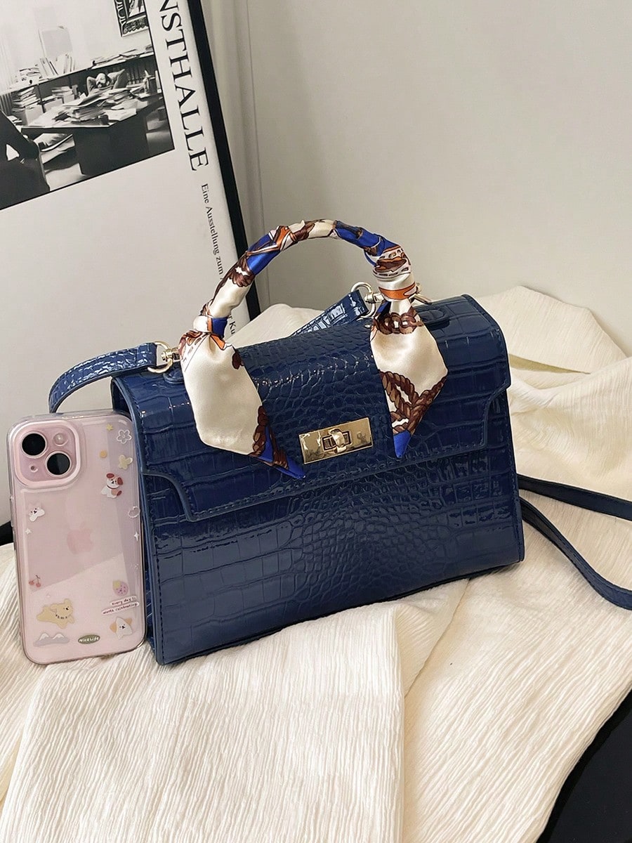 Nova Bolsa Feminina Padrão Crocodilo Brilhante, Grande Capacidade, Moda e Elegante, Acompanha Lenço Estiloso, Pode Ser Usada Como Bolsa de Ombro, Preta