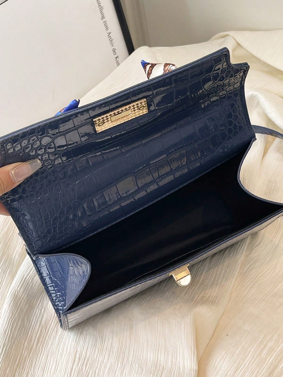 Nova Bolsa Feminina Padrão Crocodilo Brilhante, Grande Capacidade, Moda e Elegante, Acompanha Lenço Estiloso, Pode Ser Usada Como Bolsa de Ombro, Preta