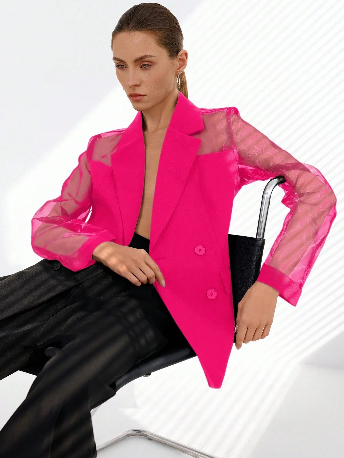 Aveloria Modichic Blazer Dupla-Amarração Respirável de Tecido Splice de Organza para Negócios e Transporte Versátil e Elegante de Alta Classe para Mulheres