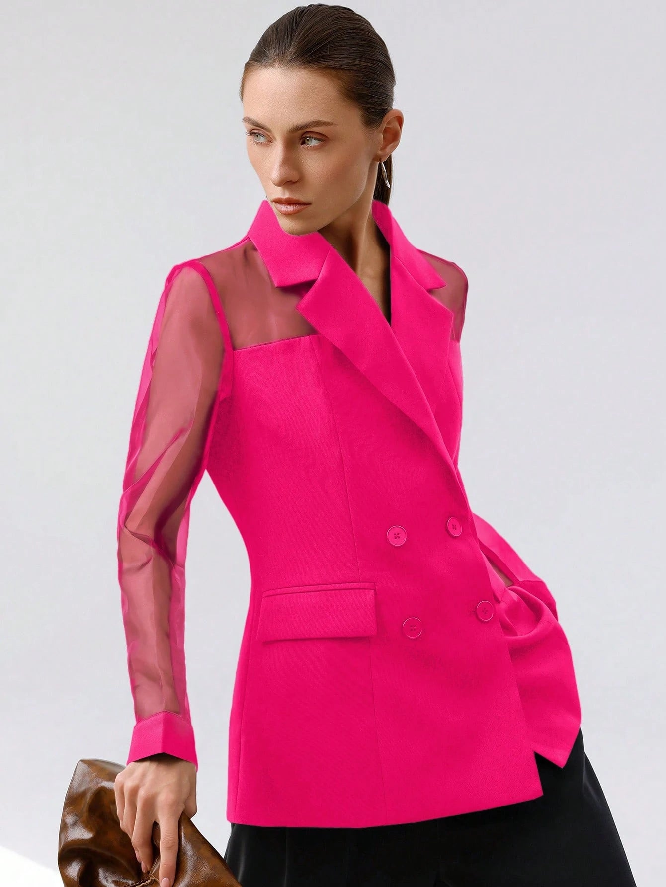 Aveloria Modichic Blazer Dupla-Amarração Respirável de Tecido Splice de Organza para Negócios e Transporte Versátil e Elegante de Alta Classe para Mulheres