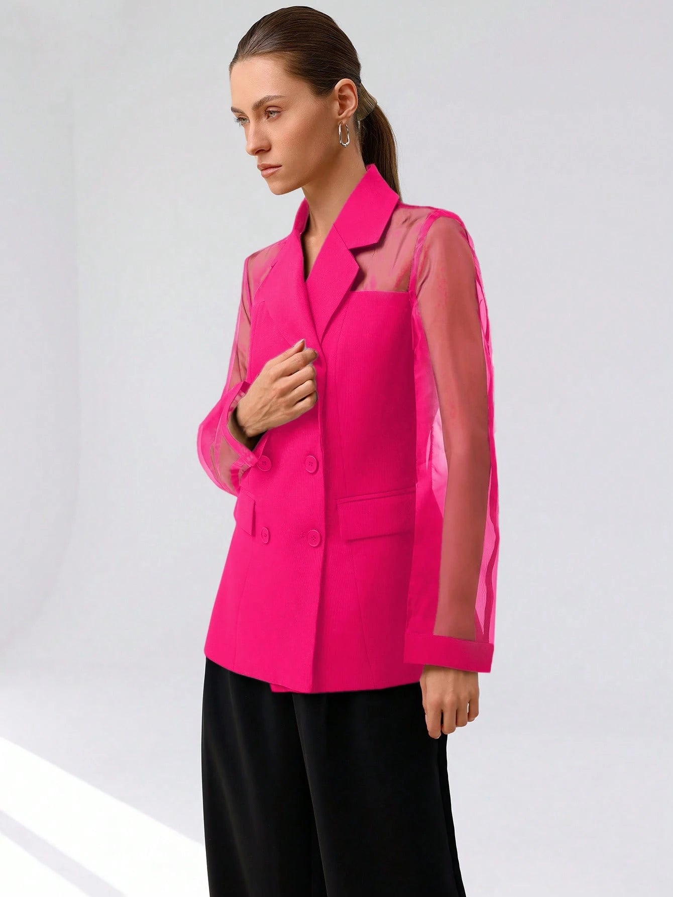 Aveloria Modichic Blazer Dupla-Amarração Respirável de Tecido Splice de Organza para Negócios e Transporte Versátil e Elegante de Alta Classe para Mulheres