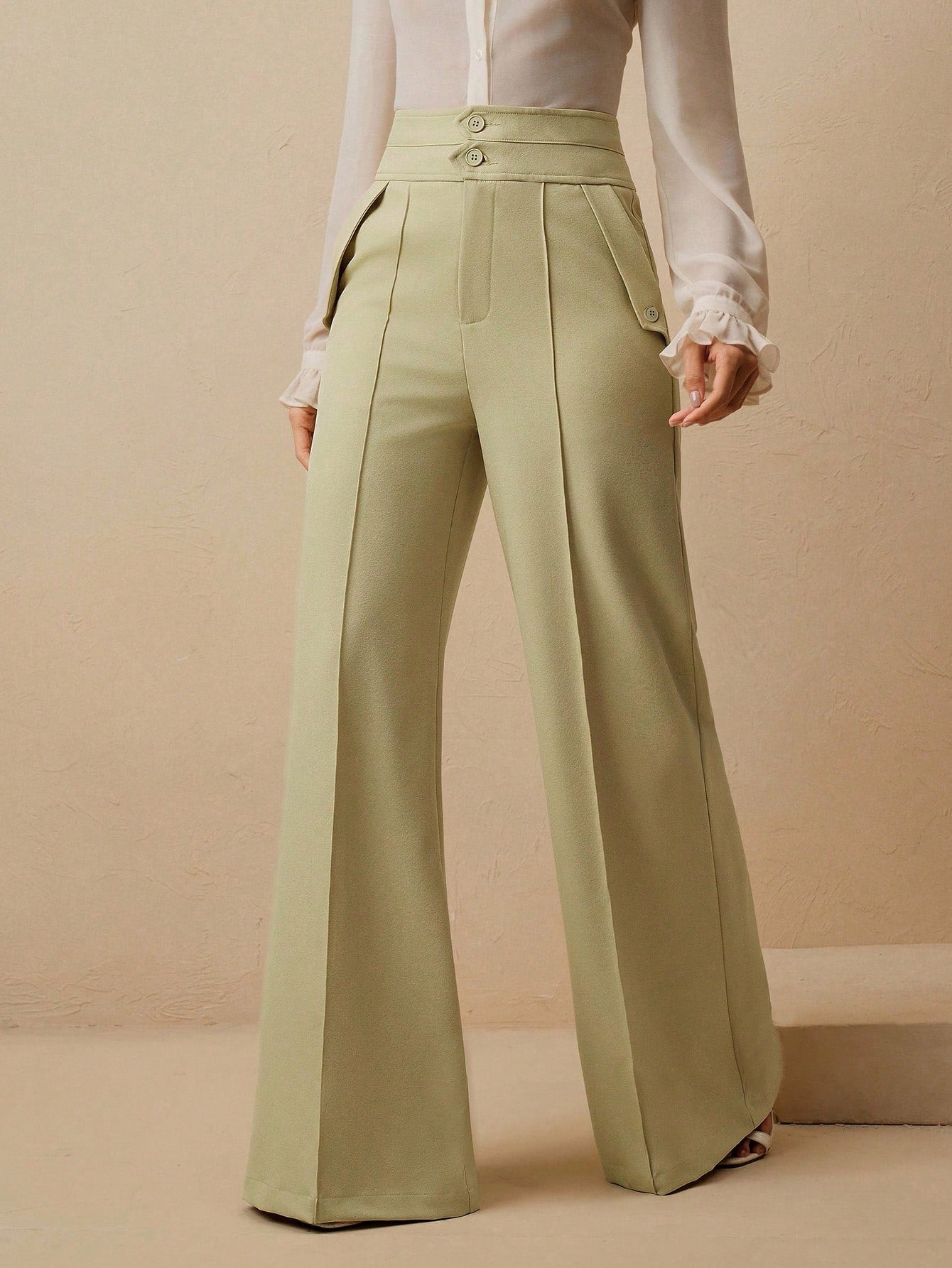 Anewsta Calças Elegantes de Cintura Alta e Flare para Mulher com Abotoamento Duplo, Adequado para Outfit de Ano Novo