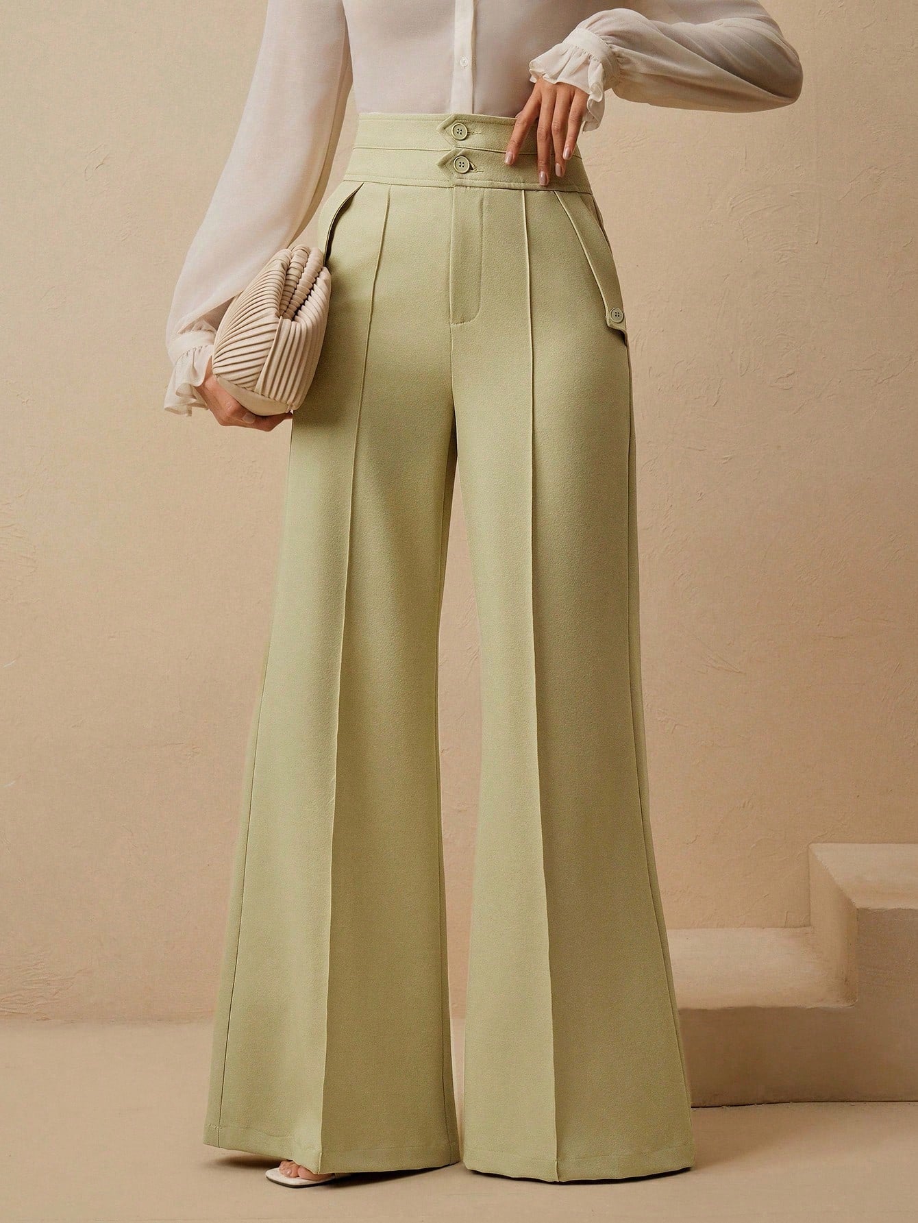 Anewsta Calças Elegantes de Cintura Alta e Flare para Mulher com Abotoamento Duplo, Adequado para Outfit de Ano Novo