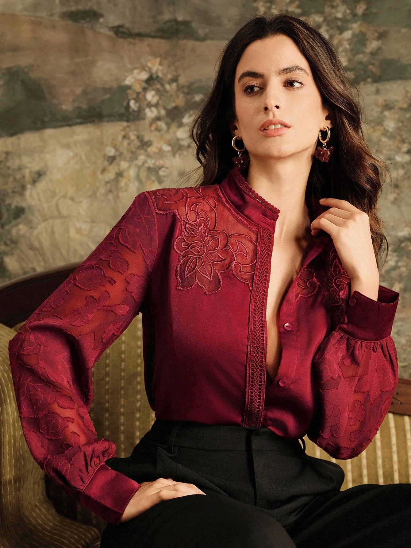 Anewsta Camisa de Manga Longa Feminina com Recorte de Renda Francesa Elegante