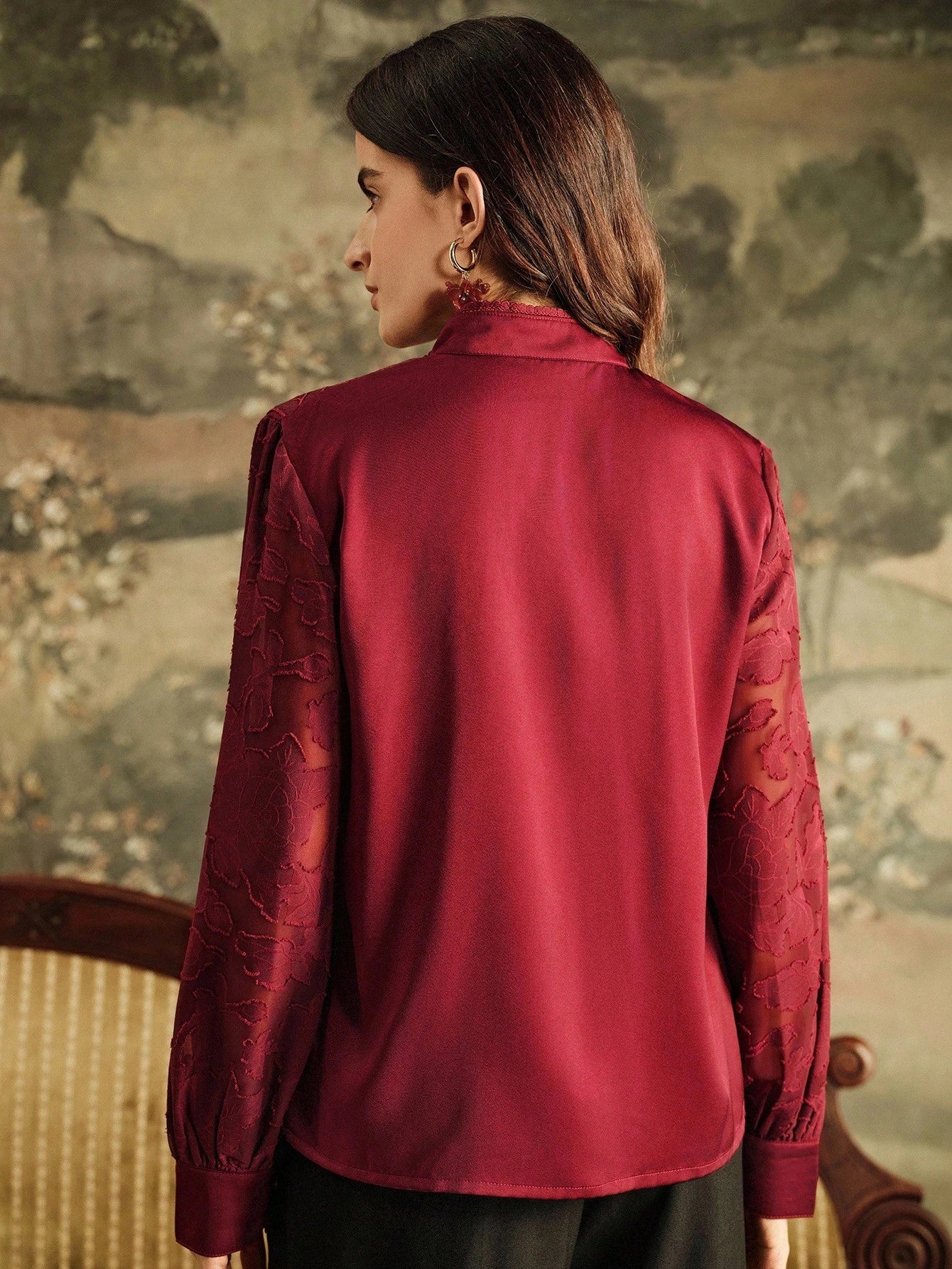Anewsta Camisa de Manga Longa Feminina com Recorte de Renda Francesa Elegante