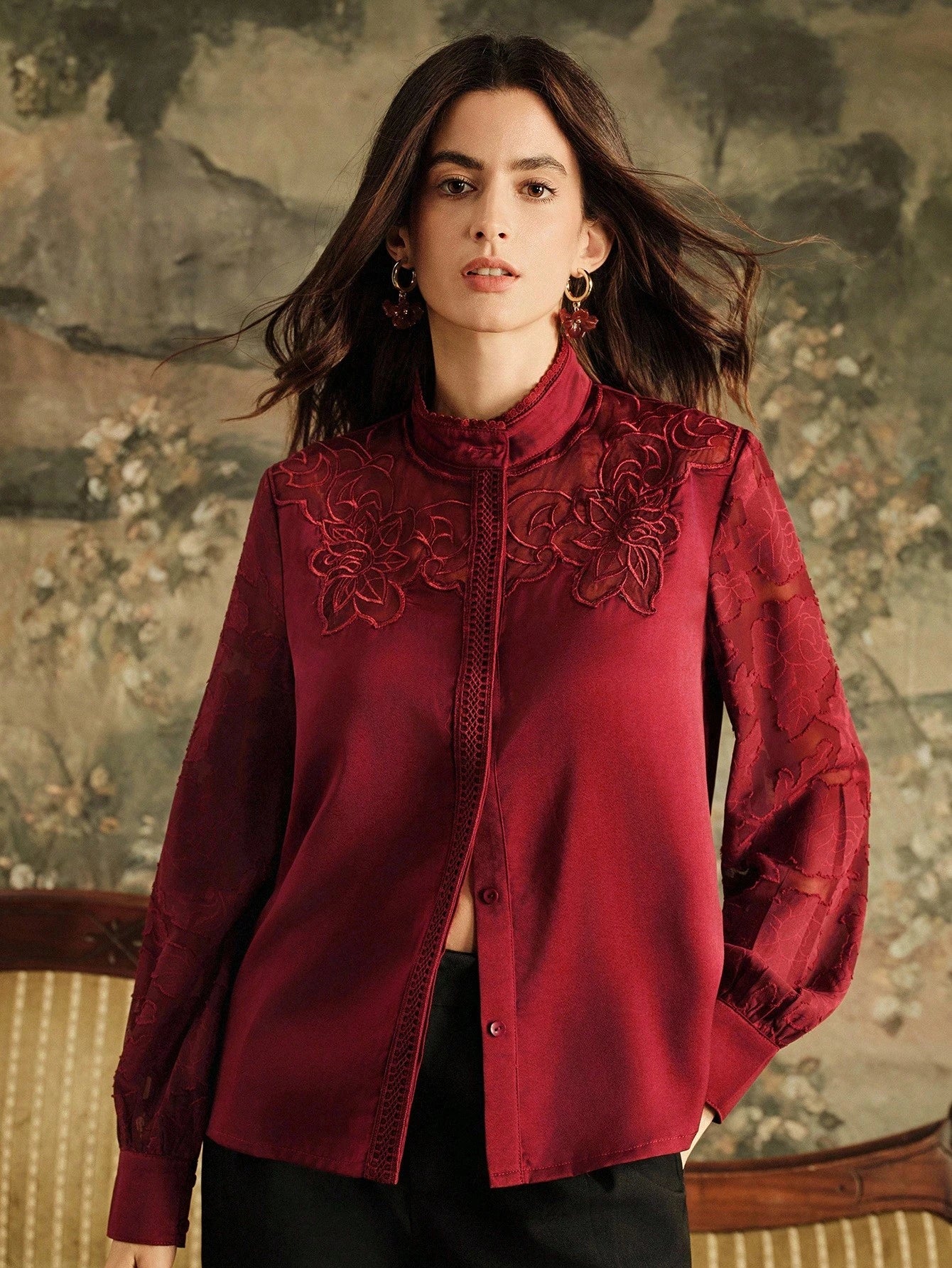 Anewsta Camisa de Manga Longa Feminina com Recorte de Renda Francesa Elegante