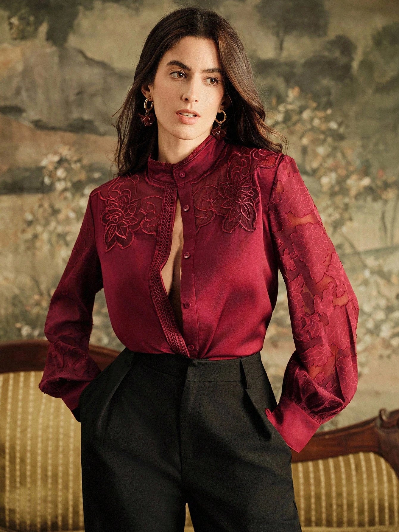 Anewsta Camisa de Manga Longa Feminina com Recorte de Renda Francesa Elegante