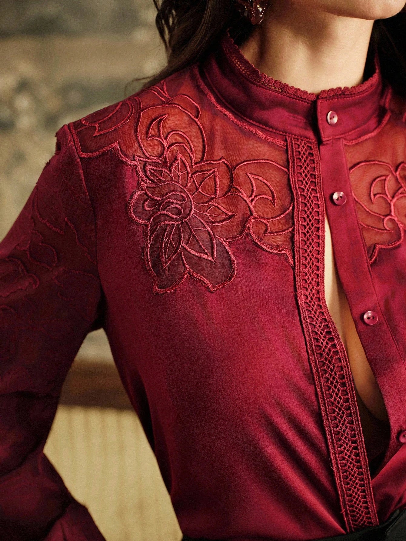 Anewsta Camisa de Manga Longa Feminina com Recorte de Renda Francesa Elegante