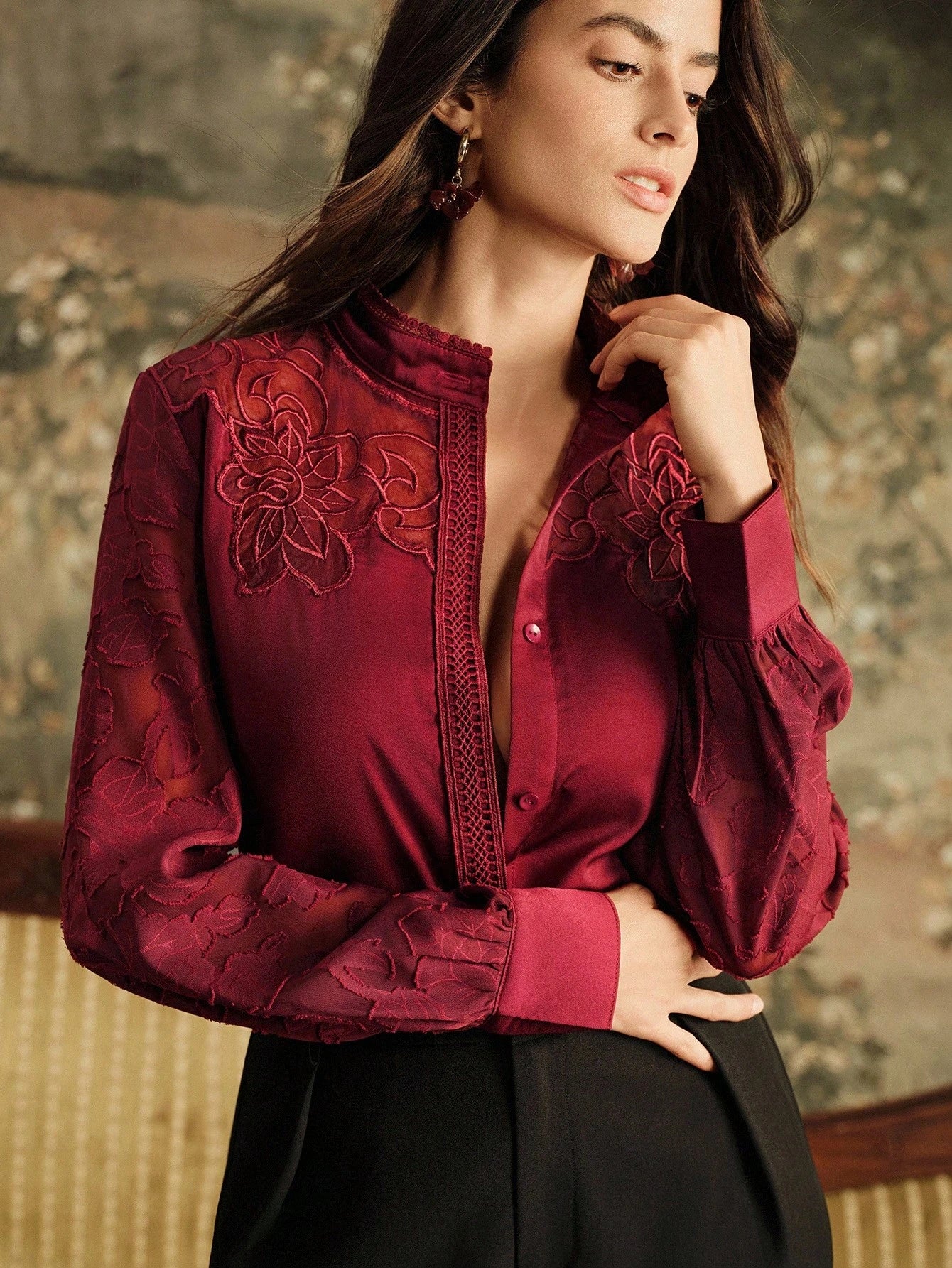 Anewsta Camisa de Manga Longa Feminina com Recorte de Renda Francesa Elegante