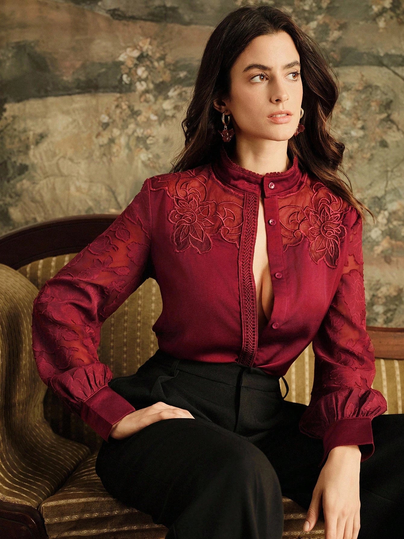 Anewsta Camisa de Manga Longa Feminina com Recorte de Renda Francesa Elegante