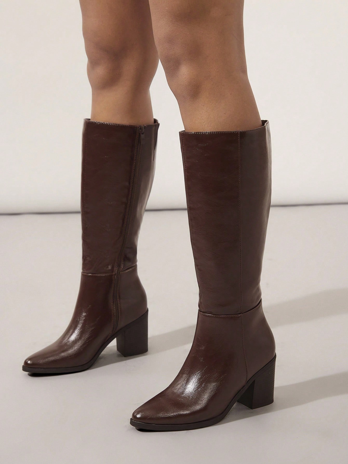 SHUZIA Botas cano alto de salto agulha de cor sólida para mulheres, outono/inverno