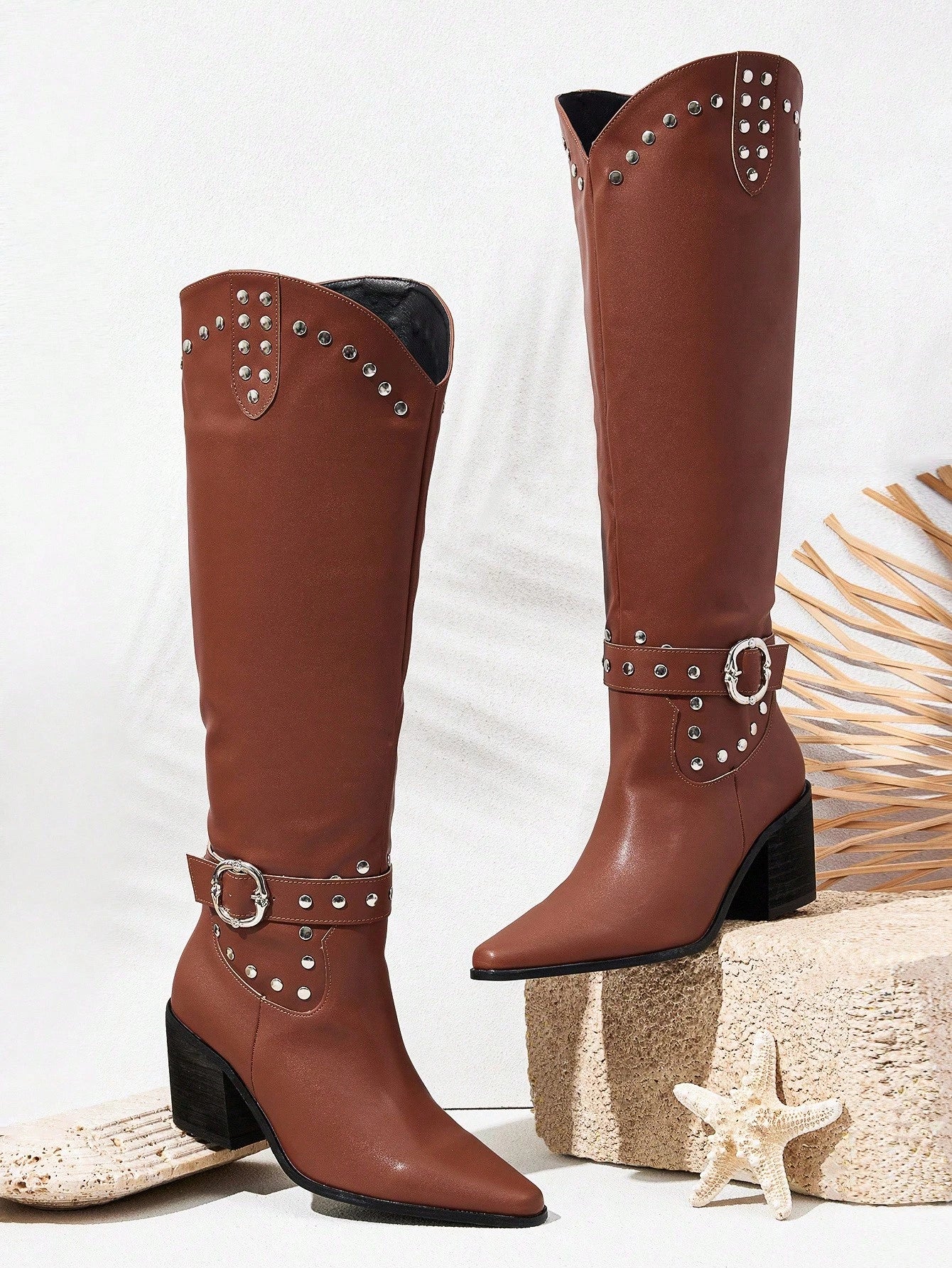 SHUZIA Botas cano alto de salto agulha de cor sólida para mulheres, outono/inverno