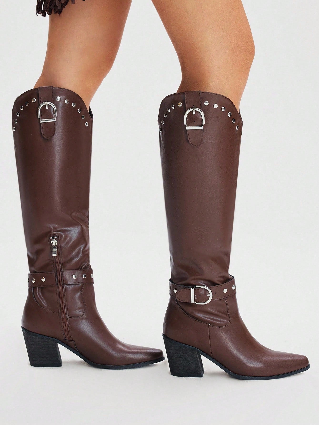 SHUZIA Botas cano alto de salto agulha de cor sólida para mulheres, outono/inverno